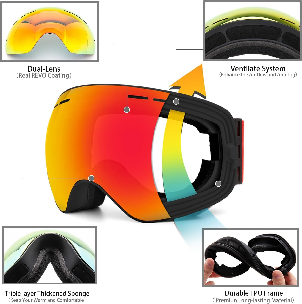 Juli Ski Goggles,Winter Snow Sports Snowboard Goggles with Anti-Fog UV Protection Interchangeable Spherical Dual Lens for Men Women & Youth Snowmobile Skiing Skating &hellip; image number 2