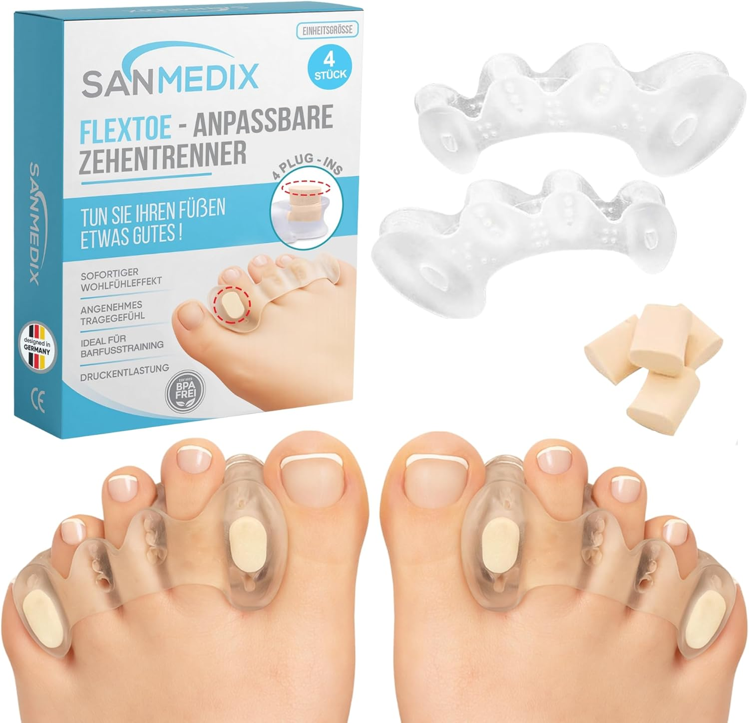 Sanmedix Toe Separators - 2 Pairs Toe Separators with Plug-In System for Hallux Valgus, Bunion & Toe Correction - Silicone Toe Spacer for Men and Women (Transparent, One Size)