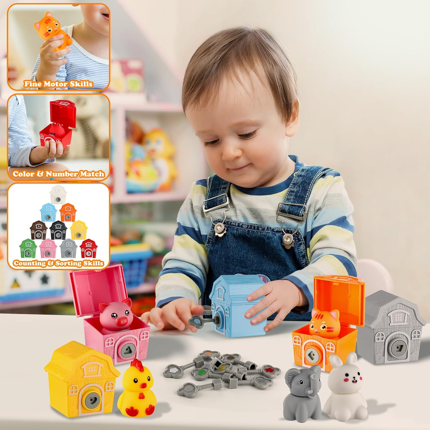 Farm Animals Toys，Montessori Toys for Babies，Toys for 1 + Year Old，Little People Farm 10 Farm Animals and 10 Barns,10 Keys Baby & Toddler Toys，Learning & Education Toys image number 3