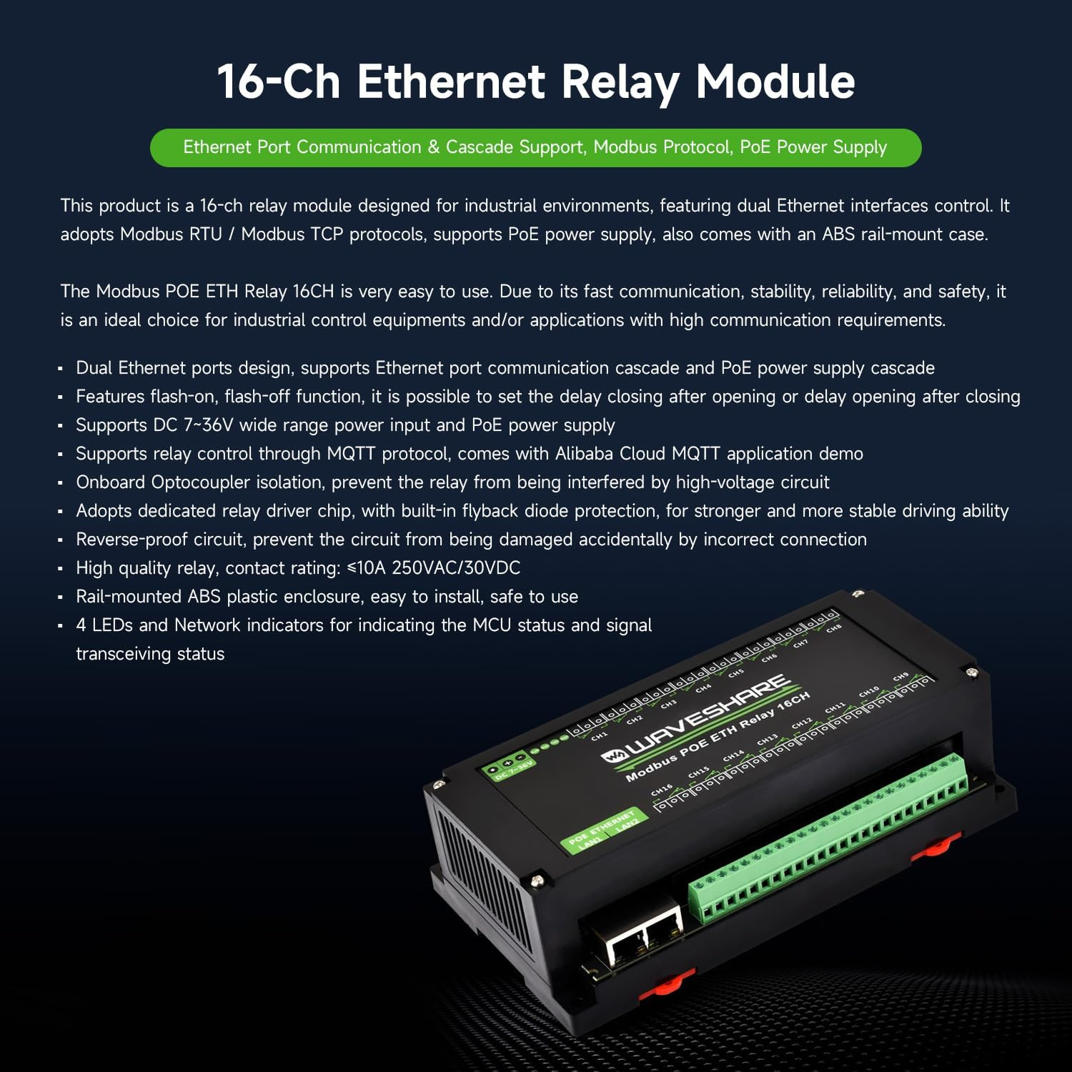 Waveshare 16-Ch Ethernet Module, Modbus RTU/TCP, Ethernet Communication, Support Poe, Various Isolation & Protection Circuits, Industrial Rail-Mount image number 5