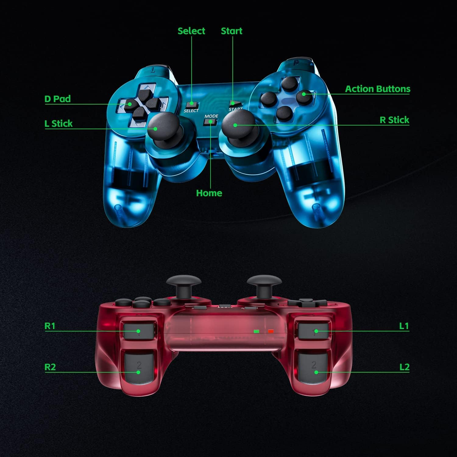 Burcica Wireless Controller for PS2 Play Station 2 Dual Vibration 2 - Clearblue and Cleargreen image number 3