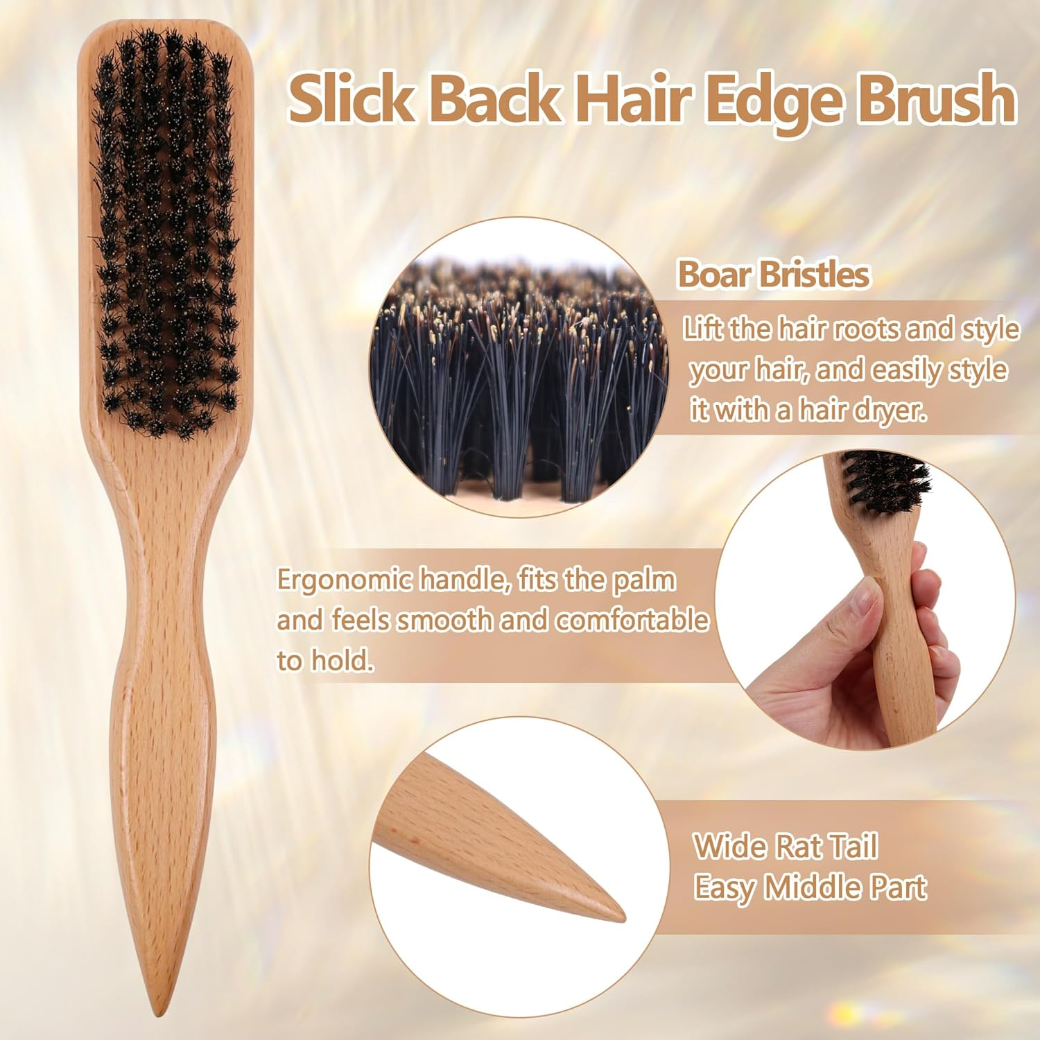 OWIIZI Slick Back Hair Brush for Smoothing Ponytail, Soft Boar Bristle Styling Edge Control Brush for Sleek Hair, Wooden Rat Tail Pointed Handle Wax Stick for Hair, Teasing Hair Brush for Men Women image number 4