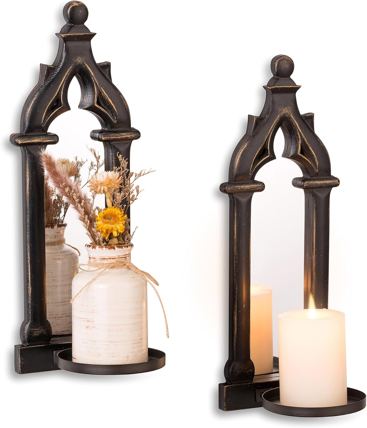 Walasis Candle Sconces Black Wall Decor - Gothic Mirror Wall Candle Holder - Wood Farmhouse Candles Sconce Set of 2