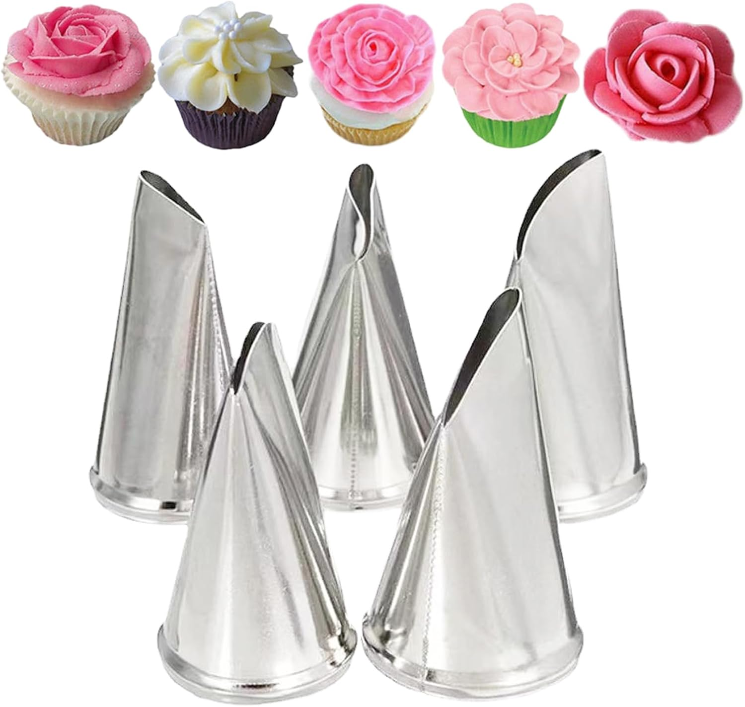 Wishesmar 5 Piece Petal Piping Nozzles Set for Cake Decoration - Quality Stainless Steel Nozzles - Ideal Nozzles for Cupcakes, Cakes, Cookies, Biscuits, Pastries image number 2