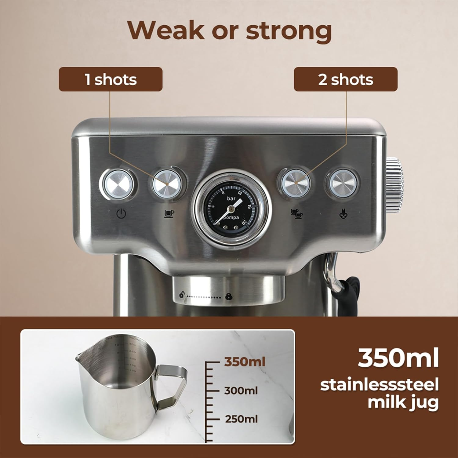 Spector Coffee Machine Espresso Latte Cappuccino Capsule Drip Coffee Maker Bean Grinder, LCD Pre - Soaking Feature - Steam Milk Frother 20 Bar Stainless Steel(21Cm X 26.5Cm X 29Cm, Silver) image number 3