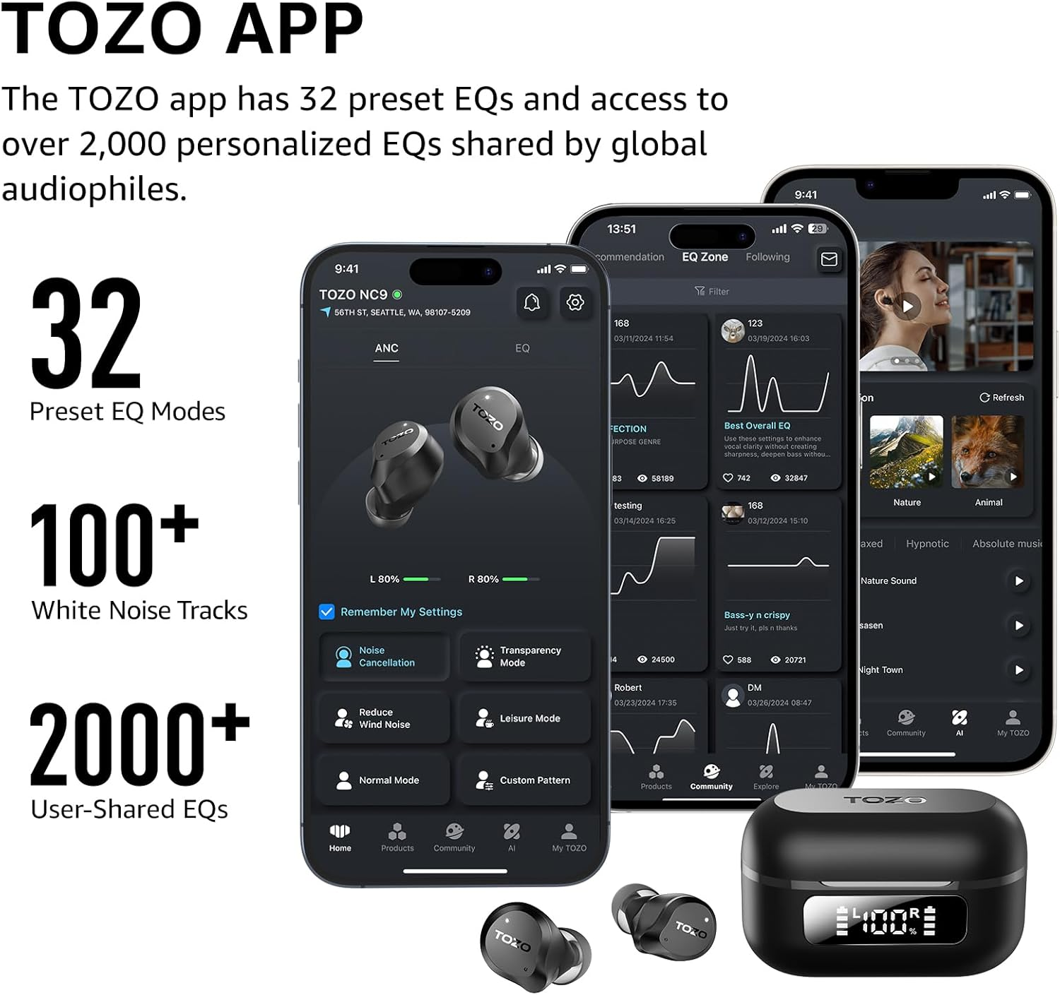 TOZO Hybrid Active Noise Cancelling Wireless Earbuds, 6 Mics ENC Clear Call, IPX8 Waterproof, in Ear Bluetooth 5.3 Headphones Stereo Bass Heasets 59H Playtime with LED Display 32 Eqs via APP - Blue image number 2