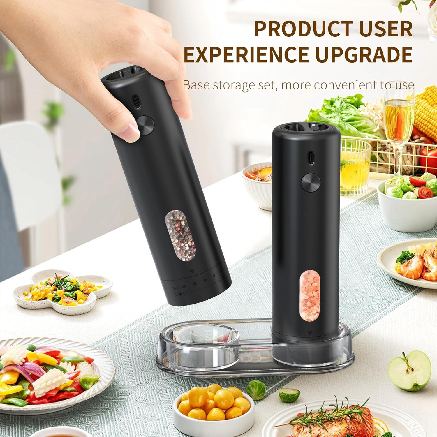 Electric Pepper Grinder Rechargeable, Auto-Grind with 110Ml Container, 6 Levels Adjustable Coarseness, White Led Light and One-Handed Operation, Great for Bbqs, Picnics & Kitchens (2-Pack) image number 4