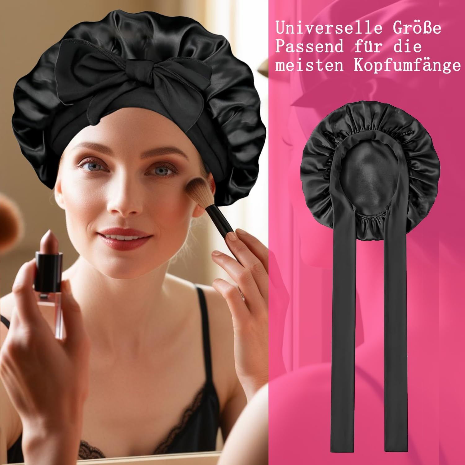 FOLAI Sleep Cap, Satin Bonnet, Silk Hood for Sleeping, Night Sleep Hat, Adjustable Sleep Cap, Headgear, Soft Headband, Sleep Cap, Silk with Elastic Band for Women and Girls (Black), Black, 58 image number 2