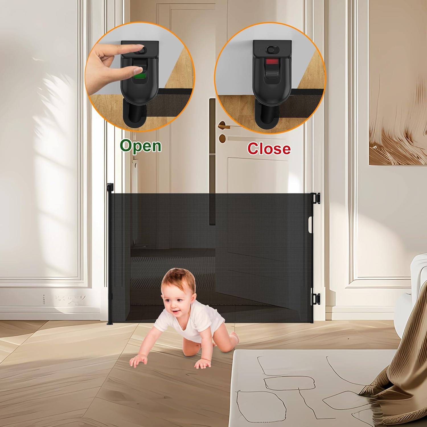 Retractable Baby Gate Pet Gate,180Cm Baby Gate,89 Cm Tall Baby Gate Safety Gate One Handed Operation Durable Mesh Dog Gate for Doorways, Stairs, Hallways,Indoor&Outdoor image number 2