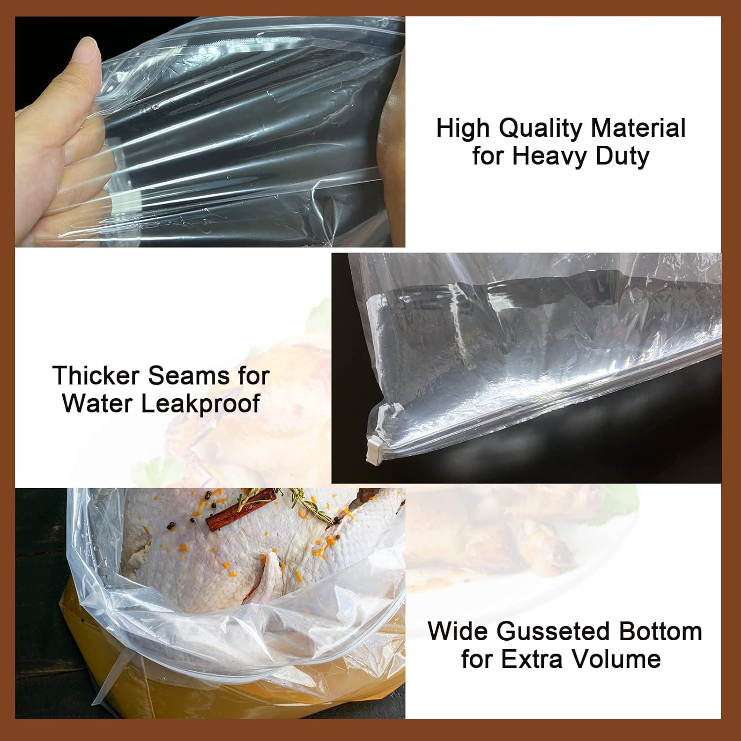 Turkey Brining Bag, 3 Pack Extra Large Thickened Brine Bag for Chicken, Double Zippers Seal Brine Bags for Beef/Pork, Holds up to 35Lbs image number 5