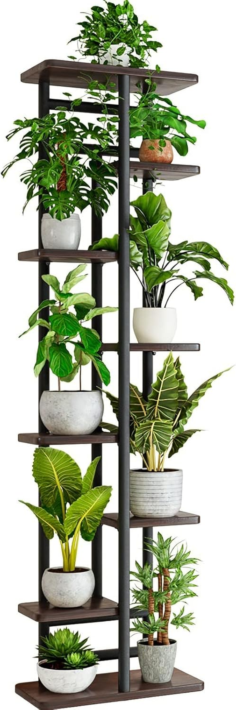 YOCOMEY Wood 8 Tier 9 Potted Tall Plant Stand Metal Rack, Multiple Flower Pot Holder Shelves Rack, Planter Shelf Display Rack Storage Organizer for Balcony Garden Indoor Outdoor Corner(Black)