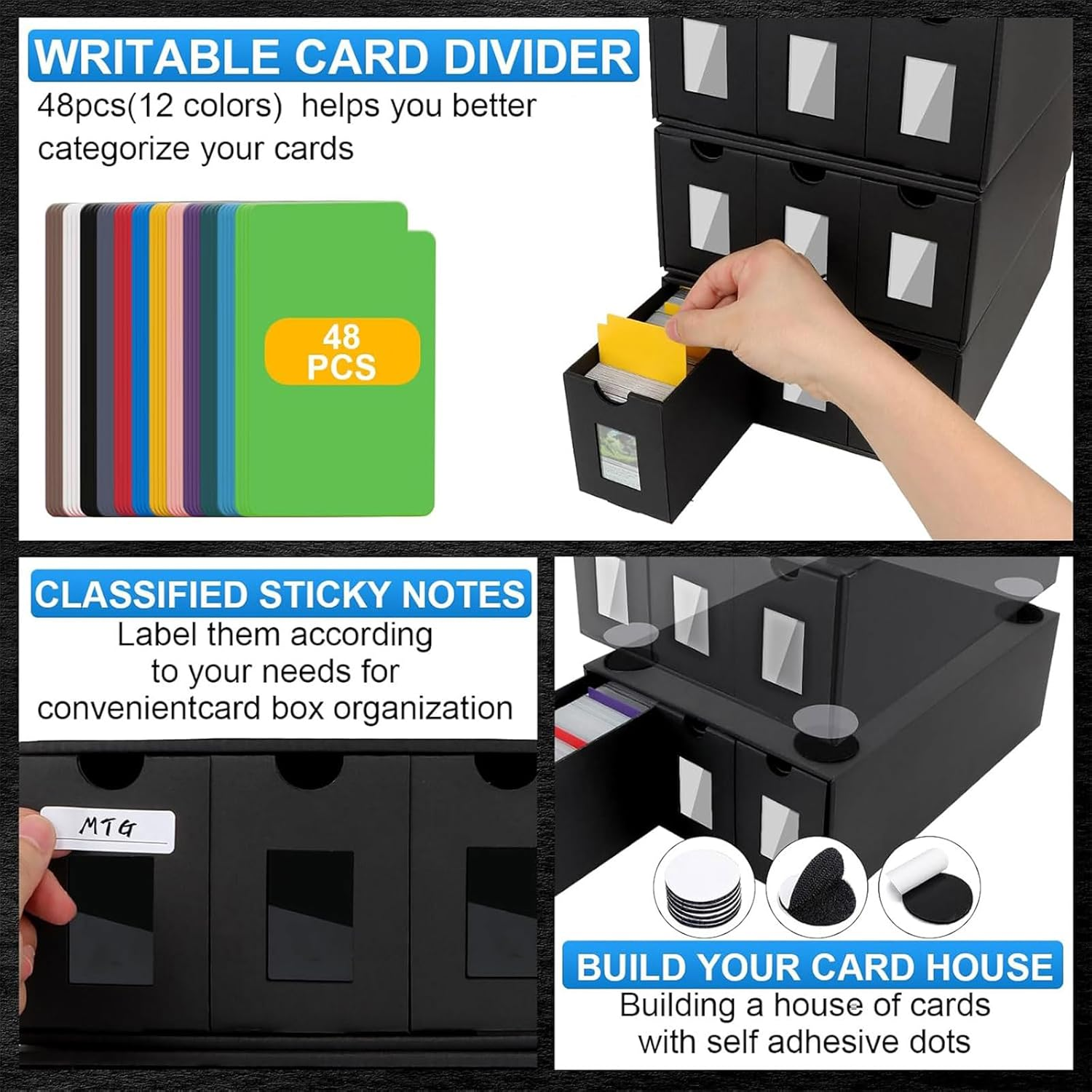 Trading Card Storage Box,12000+ Commander Display, Cards Deck Box Cardboard with 48 Dividers, Labels & Tapes, Trading Card Collection Box Fit for TCG, PTCG, MTG and Sport (12-600 CT Boxes) image number 3