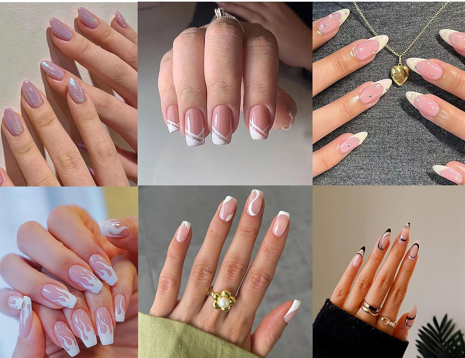 LINMOIJN 6 Packs (144 Pcs) Almond and Square False Nails Set Short,French Press on Nails,Swirl White Fake Nails with Nail Glue Tab for Women Girls Nails Art image number 2