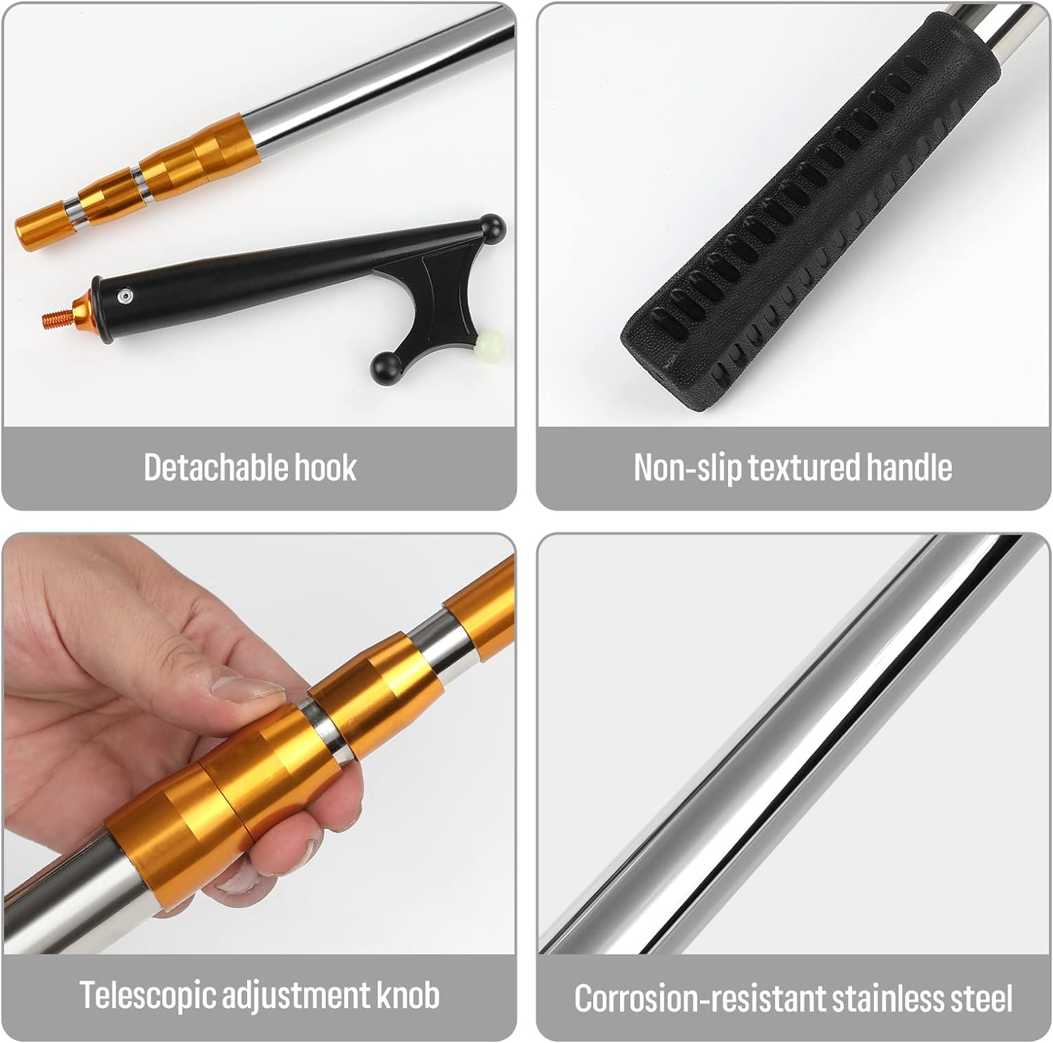 KOMCLUB Telescopic Boat Hook Stainless Steel Boat Push Hook Rod with Luminous Beads Docking Telescopic Rod TPR Non-Slip Handle Boating Accessories Hook Boat Device（Blue/Gold/Black） image number 3