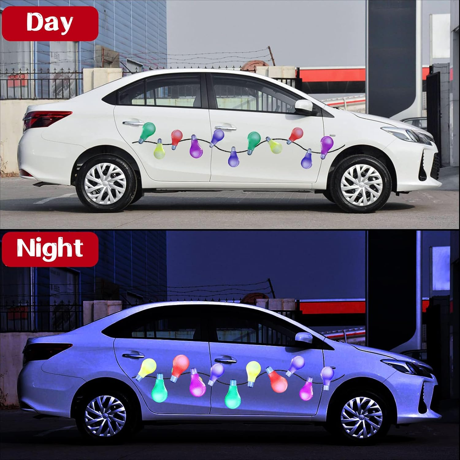 Christmas Car Refrigerator Magnets Lights Stickers, Reflective Car Magnet Decals Ornament, Christmas Bulb Light Shaped Magnets Set, Magnetic Wires Ornaments Decor (Colorful-18Pcs)