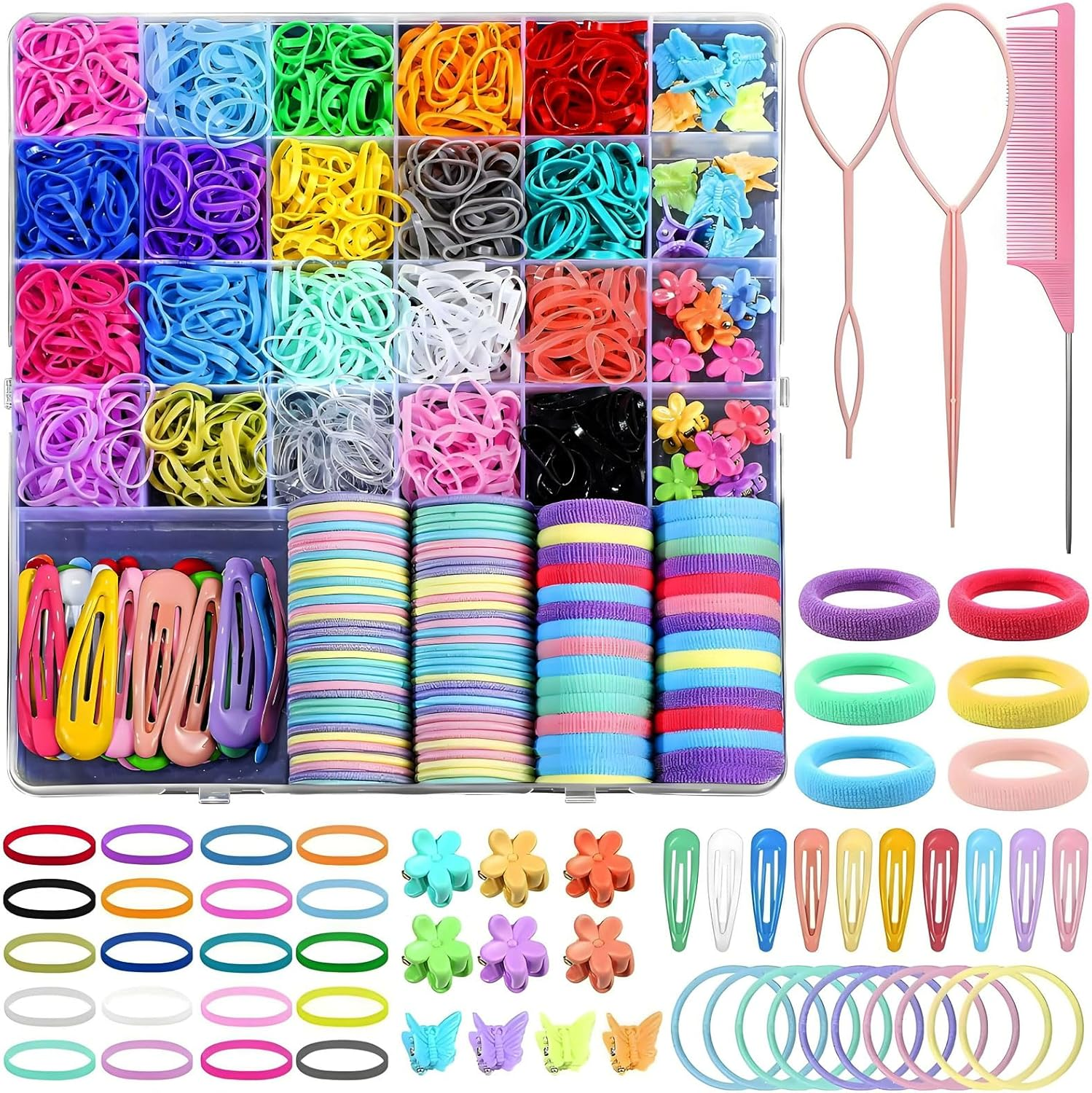 MYTOAU 1543 Pcs Elastic Hair Ties Set with Organizer Box Assorted Mini Hair Elastics Colorful Hair Accessories with Cute Flower Hair Clip Elastic Rubber Bands Hair Ropes Hair Barettes Hair Comb image number 4