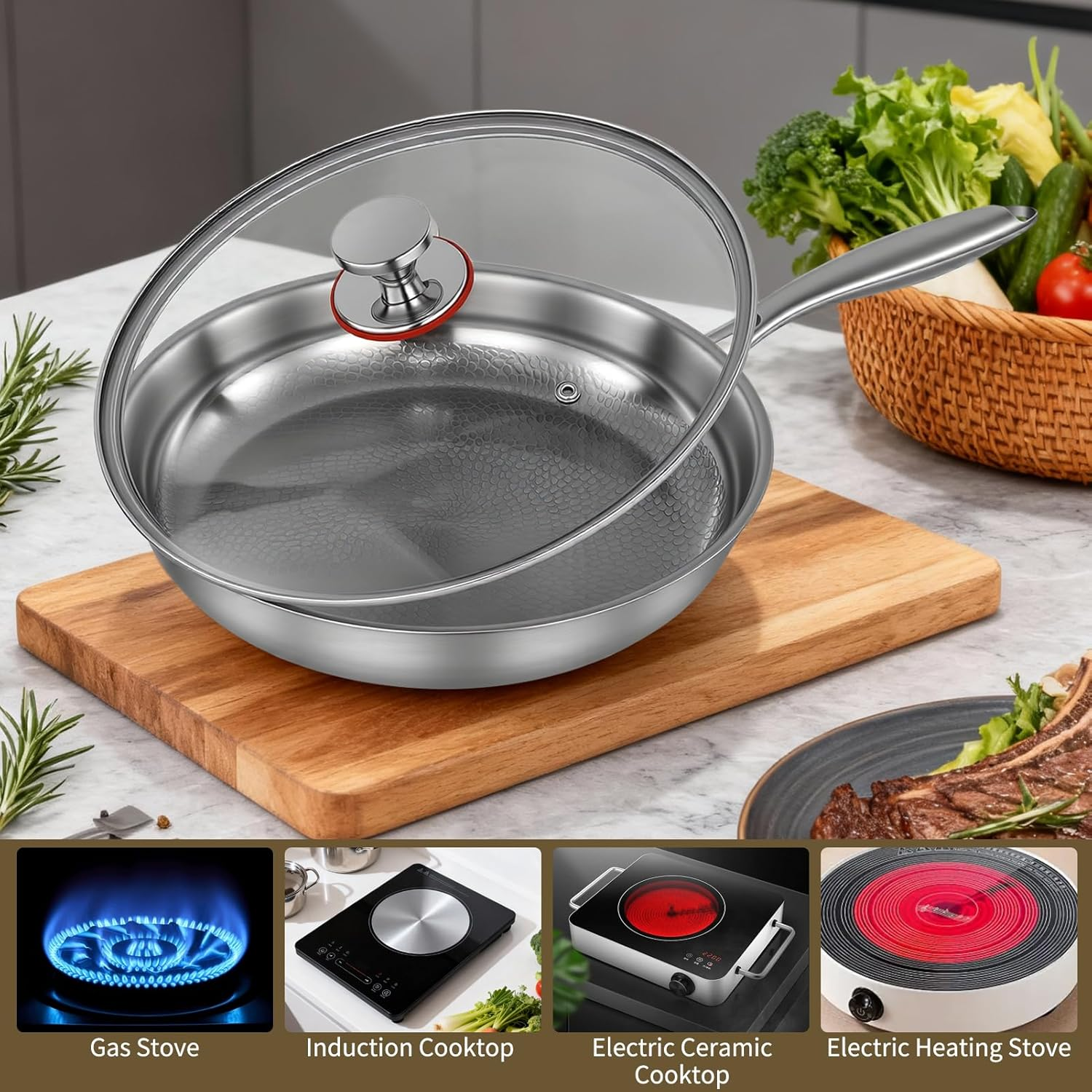 Titanium Hammered Pan Pro for Cooking, Titanium Panwith Lid, Stainless Steel Cookware Non Stick, Even Heating for Cooking (26Cm) image number 4