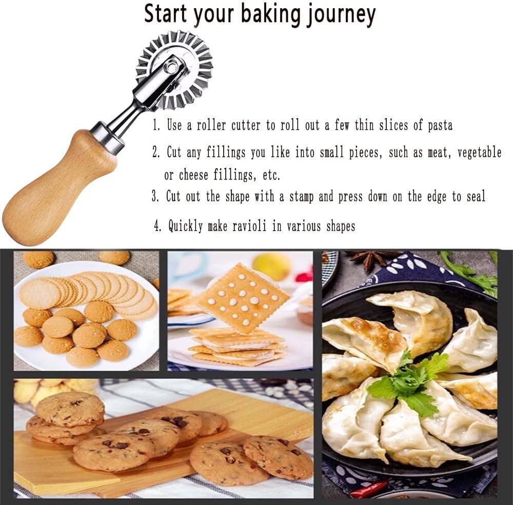 Ravioli Cutter Stamps with Roller Wheel round Mold with Wooden Handle and Fluted Edge Pasta Press Pasta Cutter for Home and Kitchen Use- 1.3" Diameter - Heart-Shaped image number 3