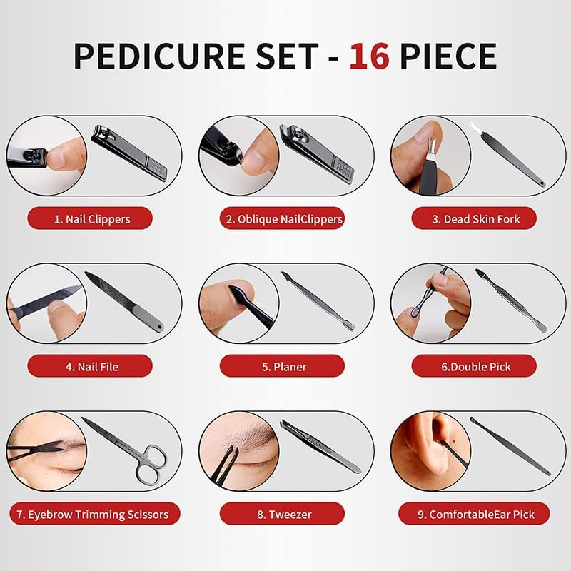 16 in 1 Nail Clippers, Manicure Set, Nail Care Kit, Nail Tools,Toe Nail Clipper,Manicure Kit Professional Pedicure Grooming Kit Toenail Clippers Cutter Ear Pick Nose Hair Scissors image number 5