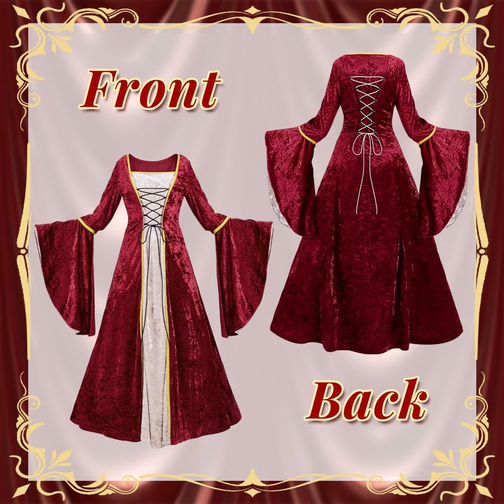 AUTOWT Medieval Gothic Renaissance Gown Dress Costume, Velvet Witch Wench Irish Victorian Trumpet Sleeve Costumes for Women Adult Halloween Cosplay Dress up Party image number 4