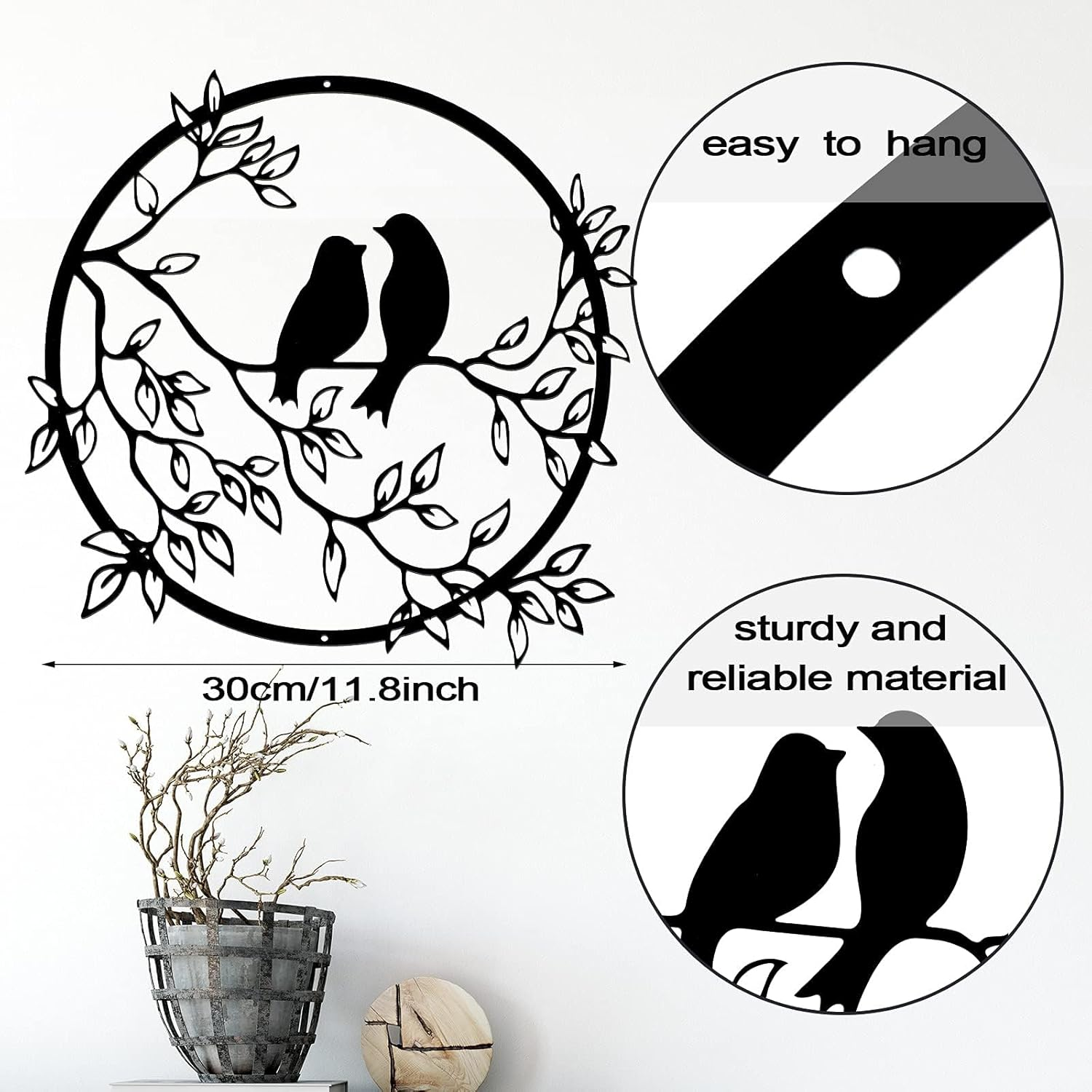 Metal Wall Art, Bird on Tree Branch, Metal Bird Wall Silhouette Bird Wall Art Decor for Living Room Garden Bedroom Office Home Wall Housewarming Party Decor (Black) image number 3