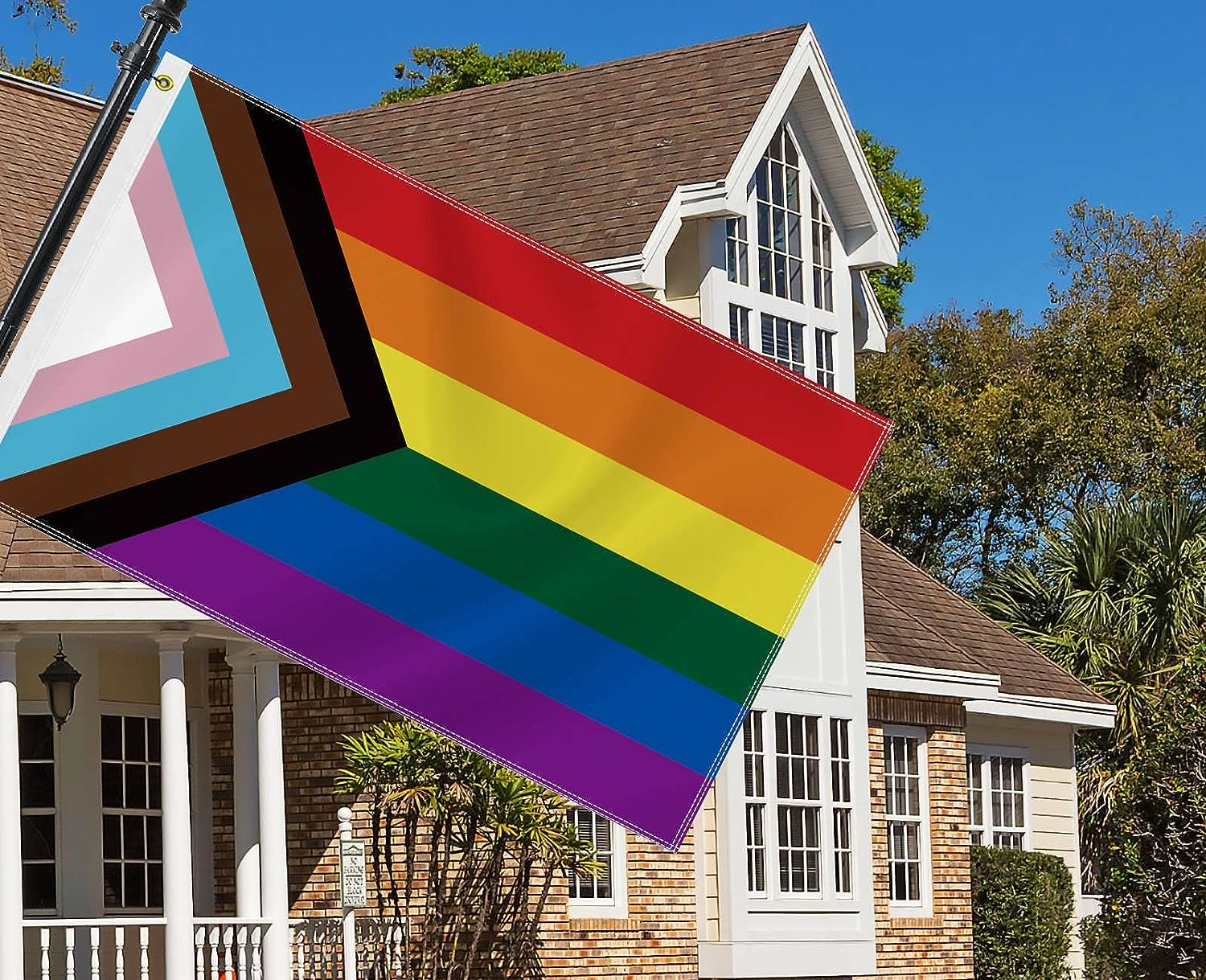 Large Progress Pride Flag,3X5 FT Lgbtq Rainbow 75D Outdoor Banner,Inclusive Lgbt Gay Lesbian Decor for Garden Yard Car Truck with Brass Grommet image number 1