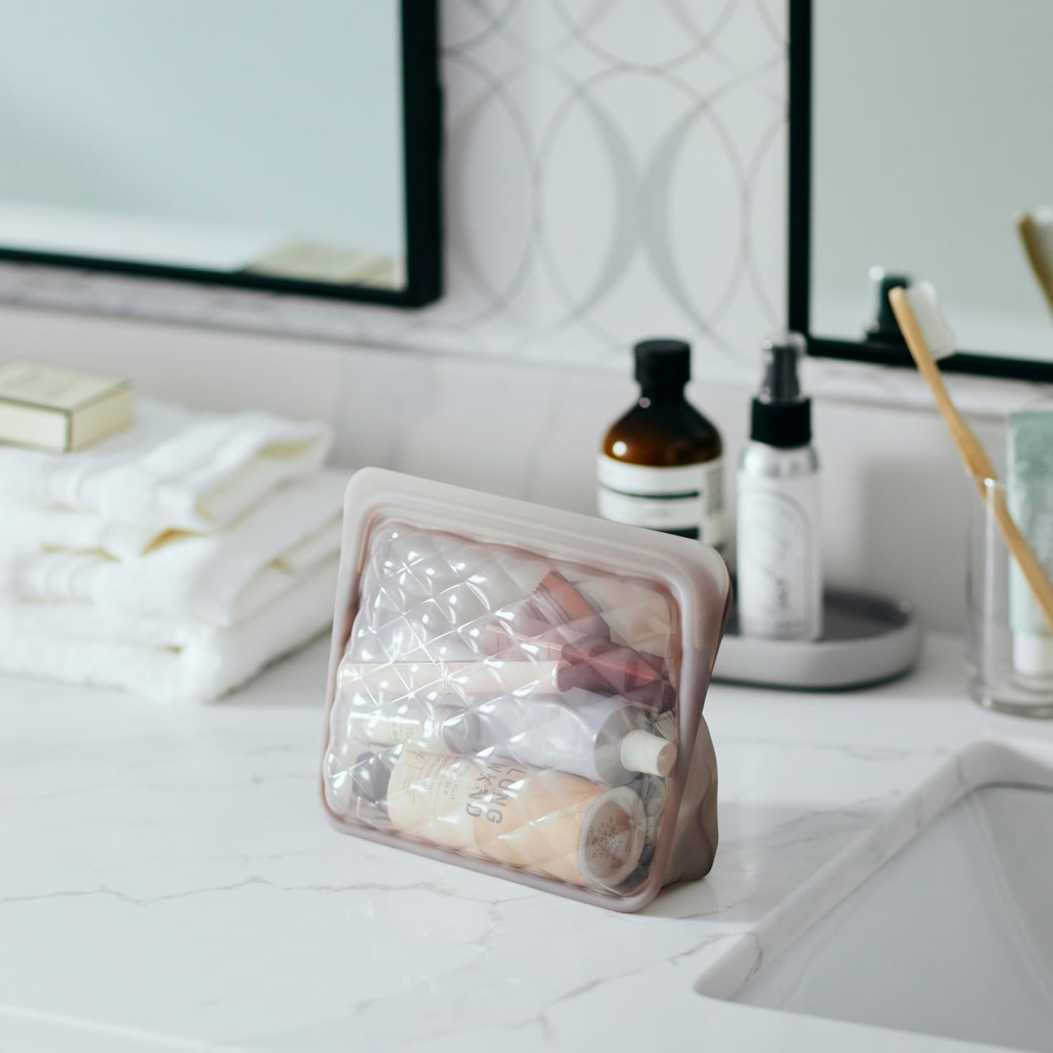 Stasher Premium Silicone Reusable Makeup Bags 3-Pack, Taupe, Beauty & Travel Toiletry Bag, Storage Bag Organizer, Dishwasher & Heat Safe, TSA Friendly, BPA Free, Leak-Free, Eco Friendly image number 5