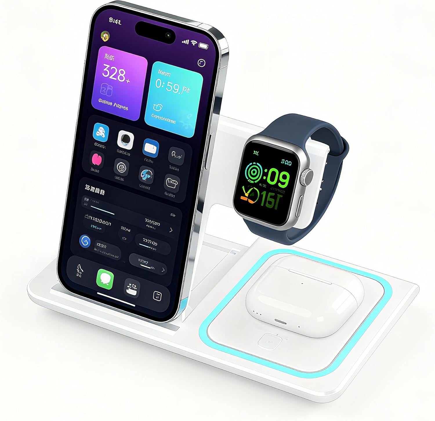 3 in 1 Wireless Charging Station,15W Fast Wireless Charging Station,Universal for Android and Iphones Wireless Charger for Iphone 16/15/14/13/12 Pro & Max Series,Airpods,Apple Watch（White）
