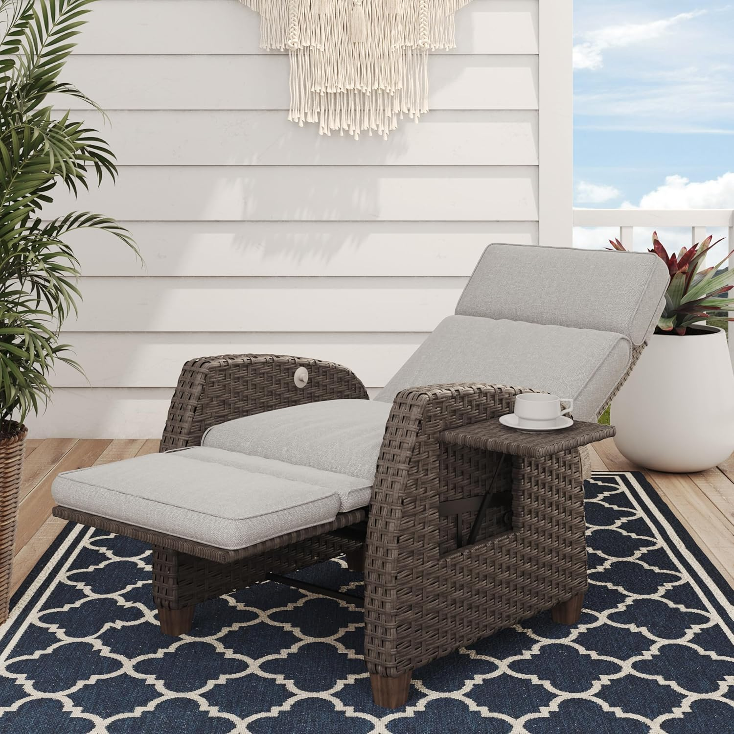 Grand Patio Indoor & Outdoor Recliner Chair PE Wicker Patio Recliner with Flip Table Reclining Lounge Chair, Mist Grey image number 5
