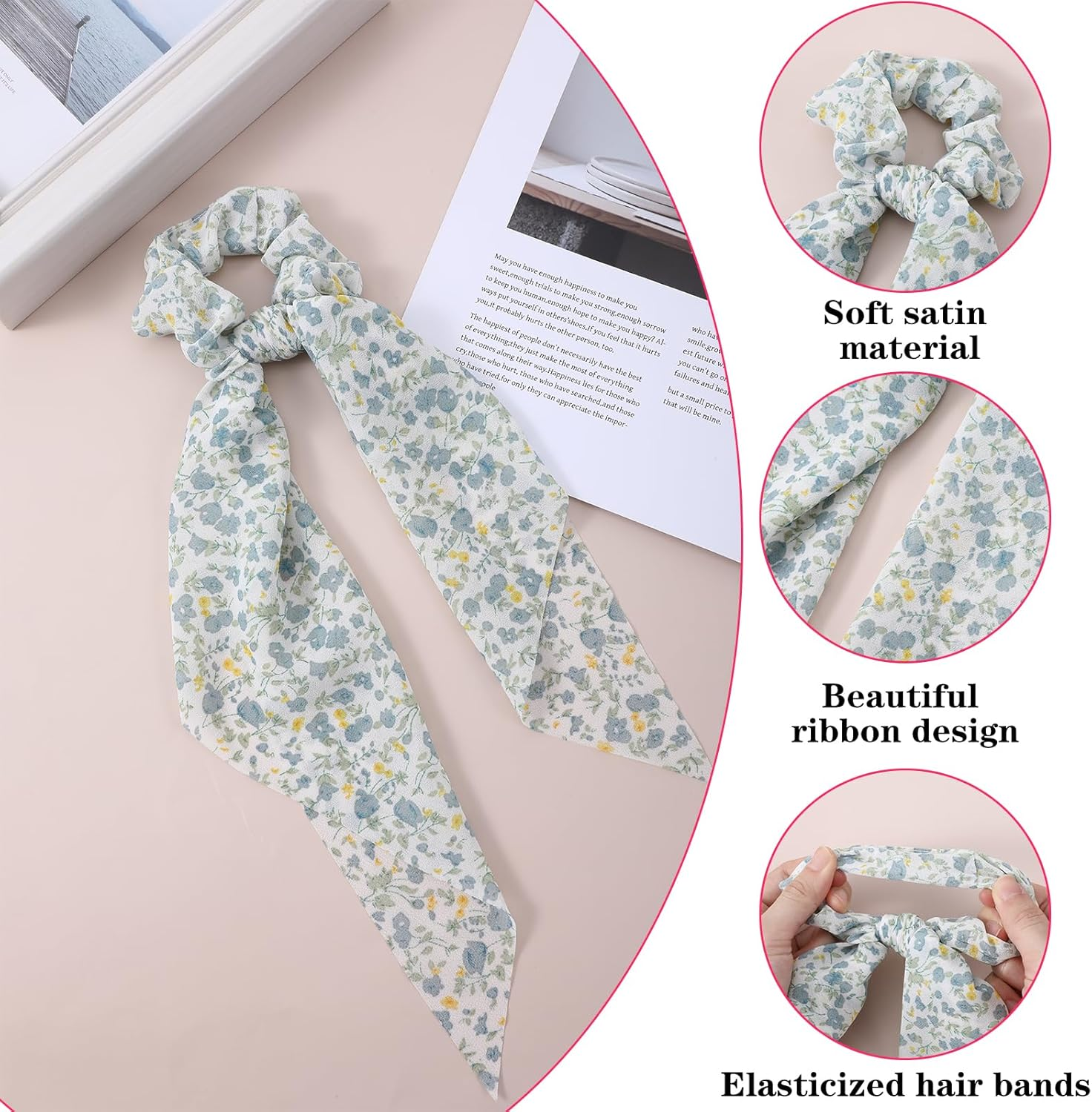 3 PCS Ribbon Hair Ties with Bow, Chiffon Crushed Flower Bowknot Hair Ties, Elastic Hair Scarf Long Ribbon Ponytail Scrunchies for Women Girls (Pink, Yellow, Green) image number 5