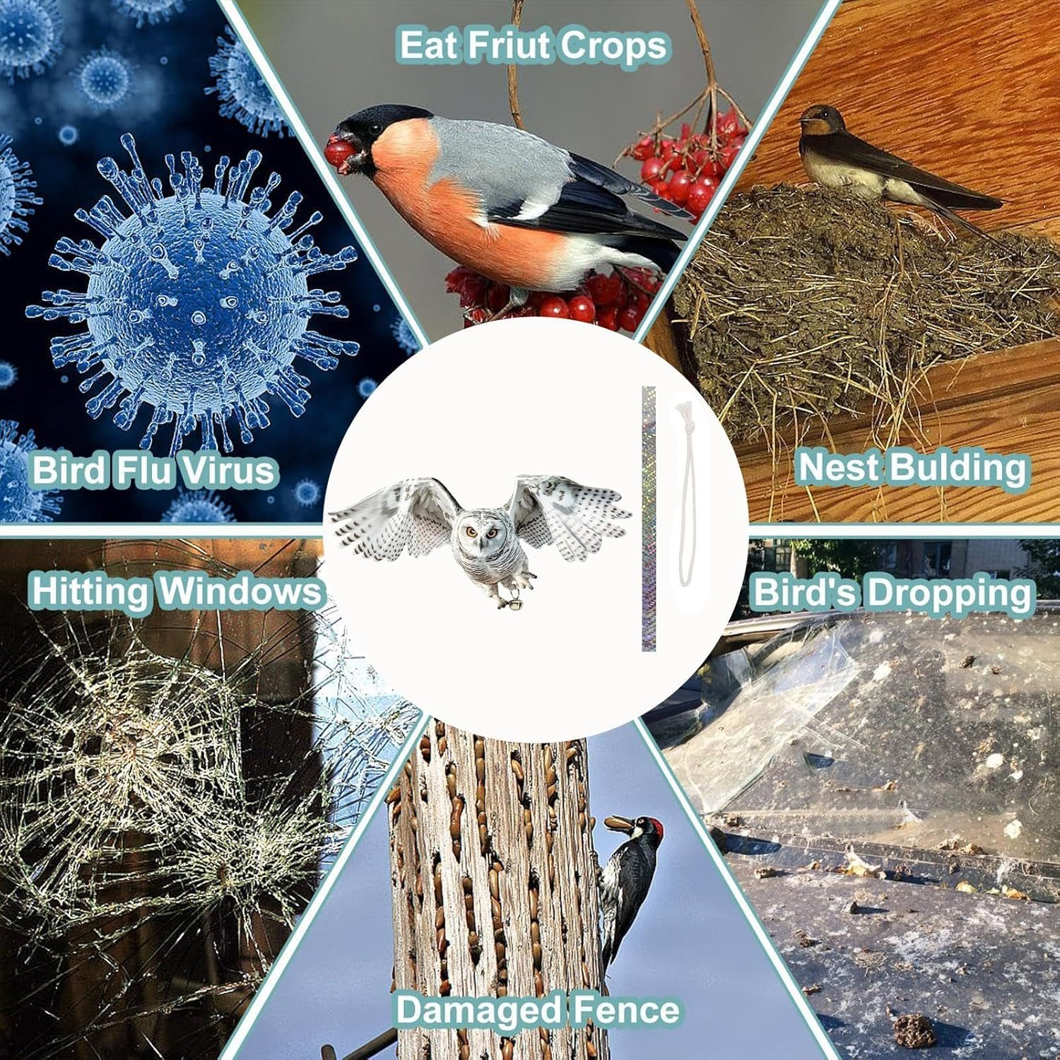 Bird Scarer Flying Kite, Wind-Action Owl Realistic, Crops Farm Protector, Bird Hawk Flying Kite, Double-Sided Animal Owl Eagle Reflective Bell, Scares Birds from Garden, Boat, Farm, Home image number 1