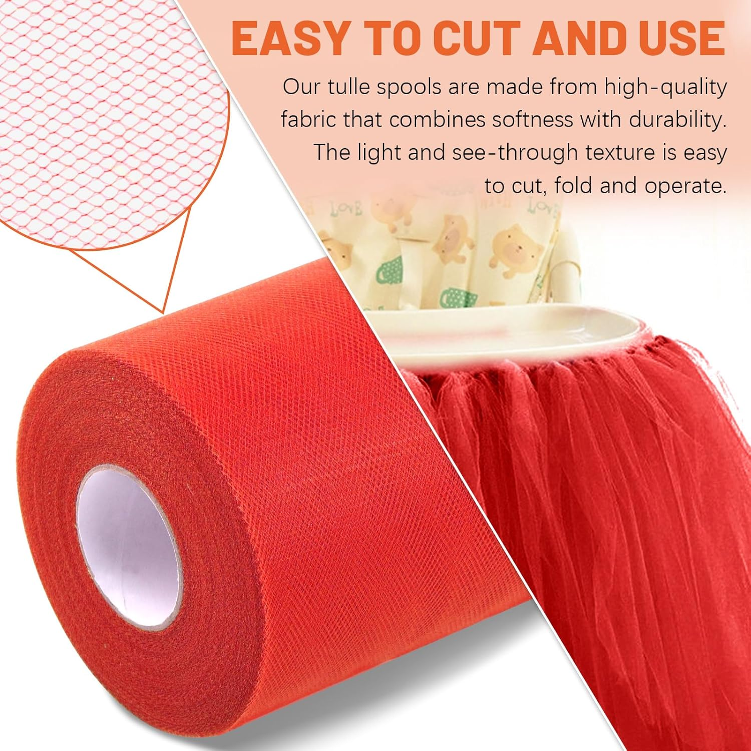 Tanstic 1Pc Red Tulle Fabric Roll, 6 Inch X 100 Yards Tulle Ribbon Fabric Spool Fabric Tulle Roll for DIY Tutu Bow, Birthday Party Wedding Decorations