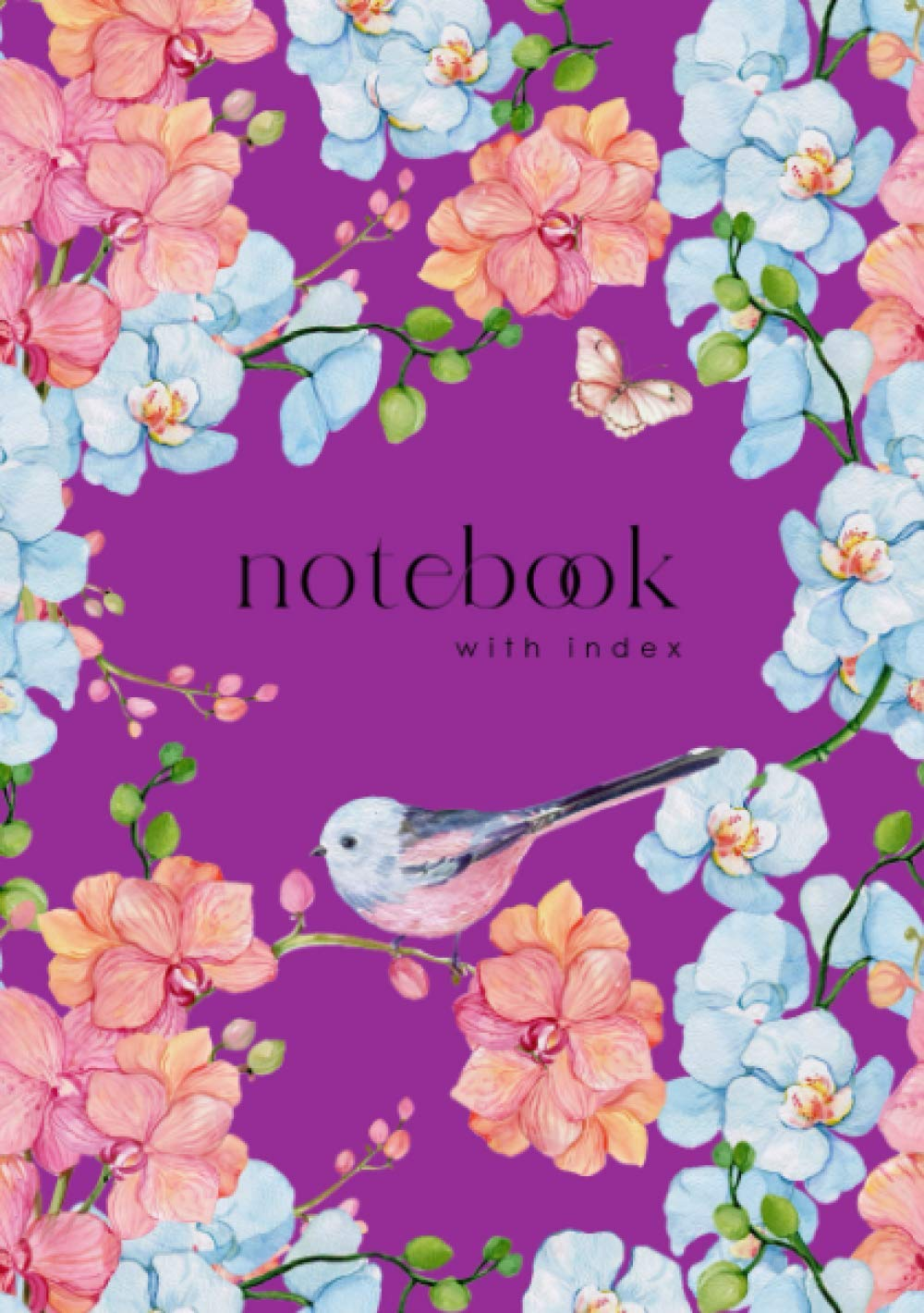 Notebook with Index: A5 Lined-Journal Organizer Medium with A-Z Alphabetical Sections | Watercolor Orchid Flower Bird Design Purple image number 1