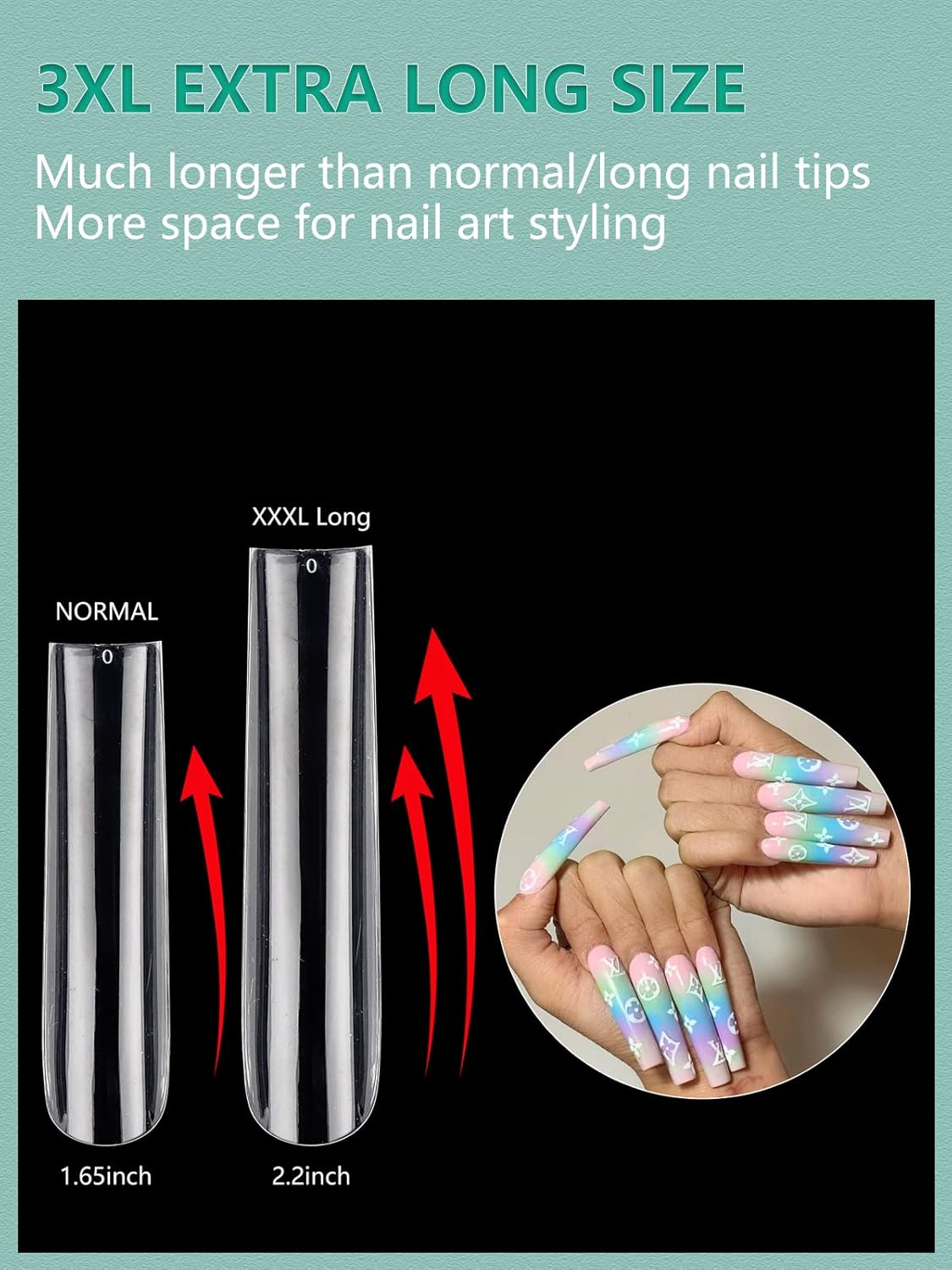 Individual Size 3 5 6 7 Full Cover Square Nail Tips for Acrylic Nails Professional, 200PCS 3XL Extra Long Straight Nail Tip, Straight Tapered Square Press on Nail Tip 4 Mostly Used Sizes image number 2