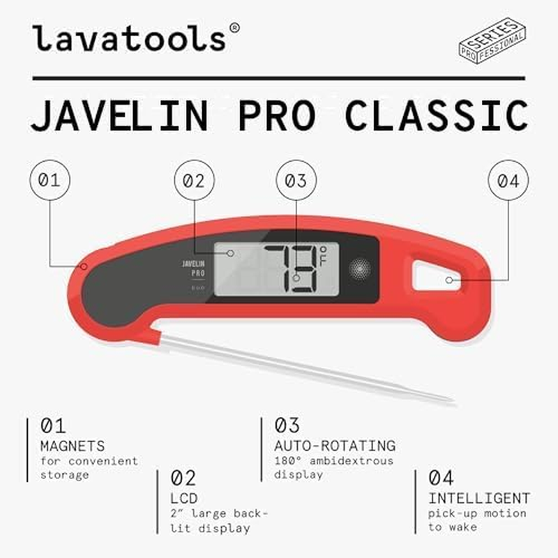 Lavatools PX1D Javelin PRO Duo Ultra Fast Professional Digital Instant Read Meat Thermometer for Grill and Cooking, 11.5Cm Probe, Auto-Rotating Backlit Display, Splash Resistant &ndash; Sambal - Ink image number 7