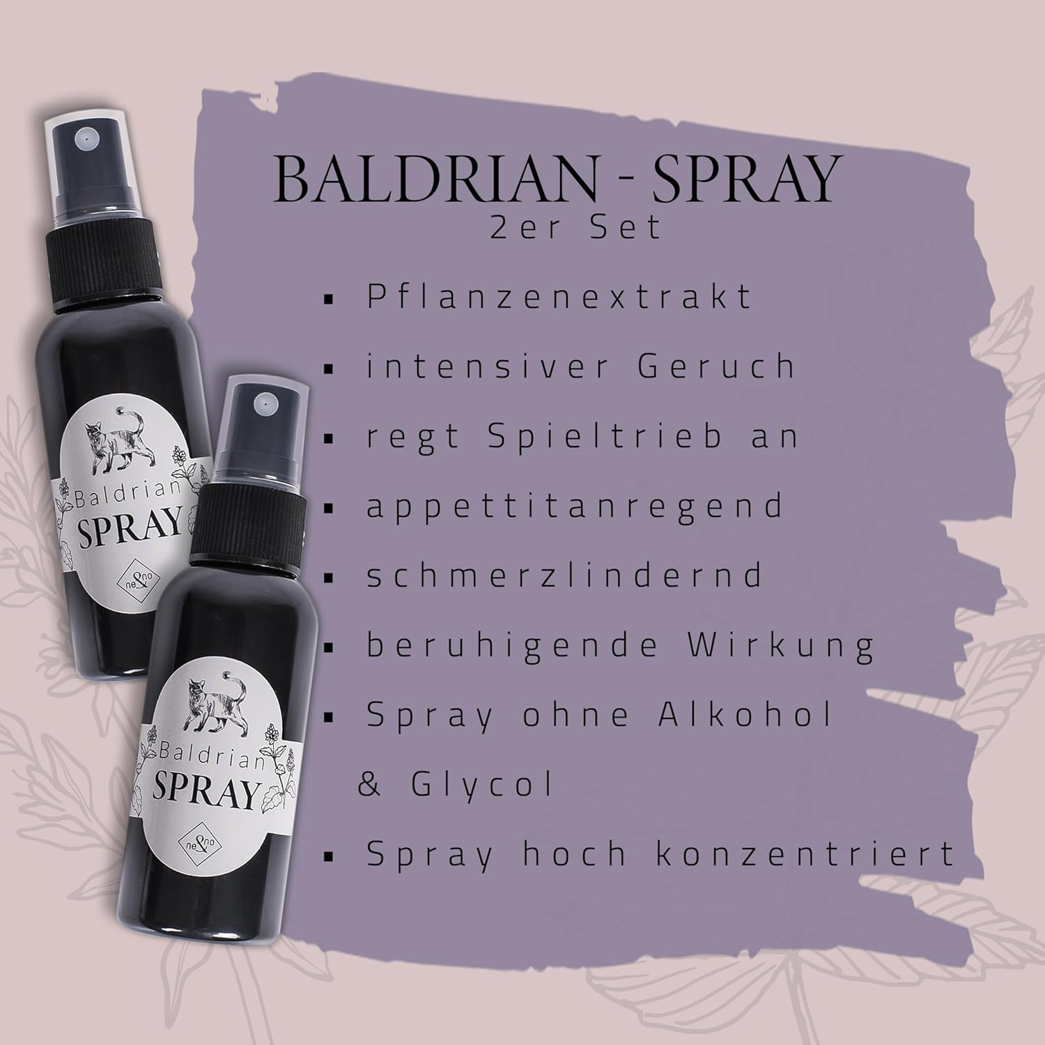 Ne&No&reg; Valerian Spray Gift Set of 2 for Spraying Toys, Scratching Posts, Cat Litter Tray, 50 Ml Contents per Bottle, Catnip Spray, Valerian Spray for Cats (BALDRIAN Spray) image number 5