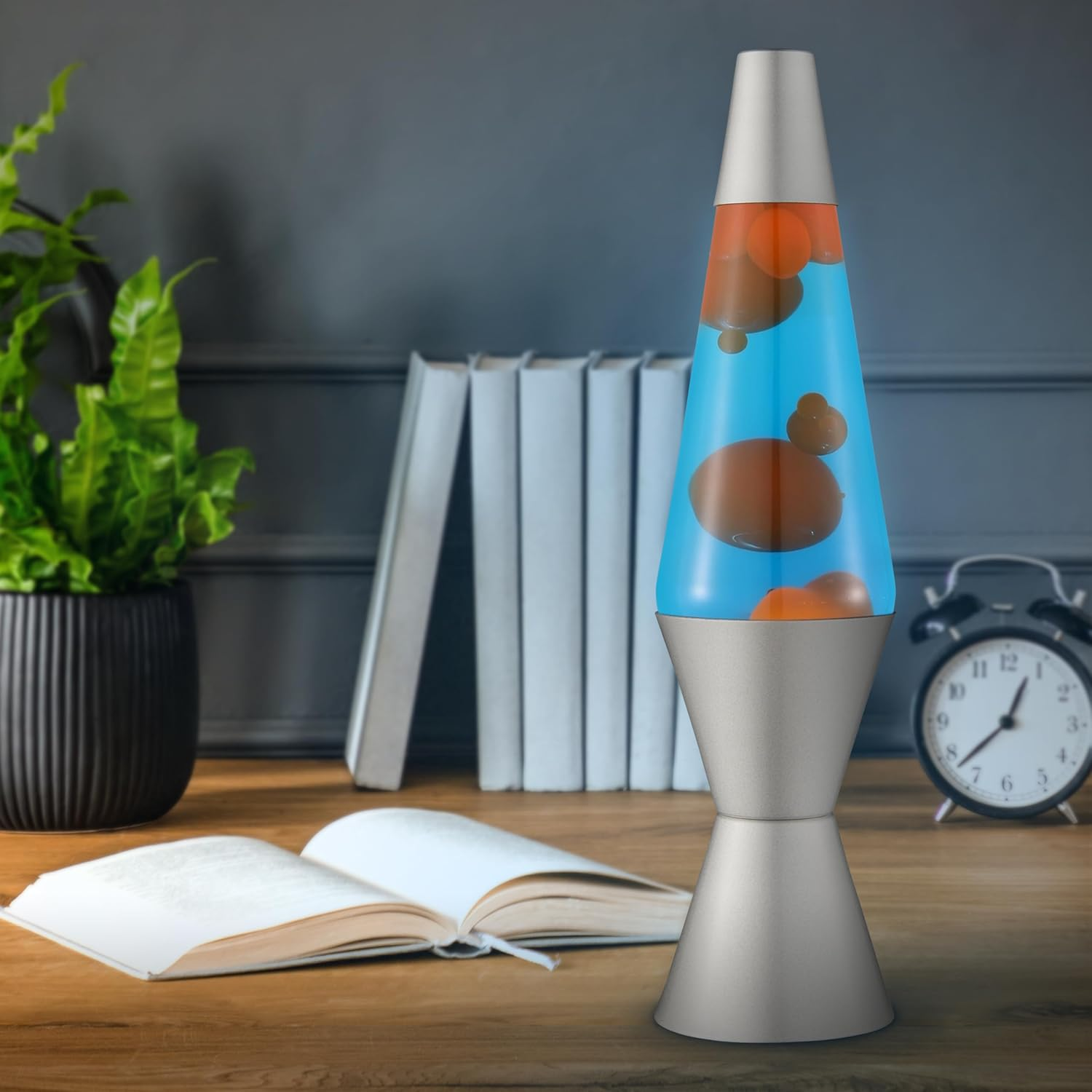 Lava Lamp 2117, Orange Wax, Blue Liquid, Silver Base and Cap, Original 14.5 Inch Lava&reg; Motion Lamp to Illuminate Your Mood - Blue/Clear image number 3