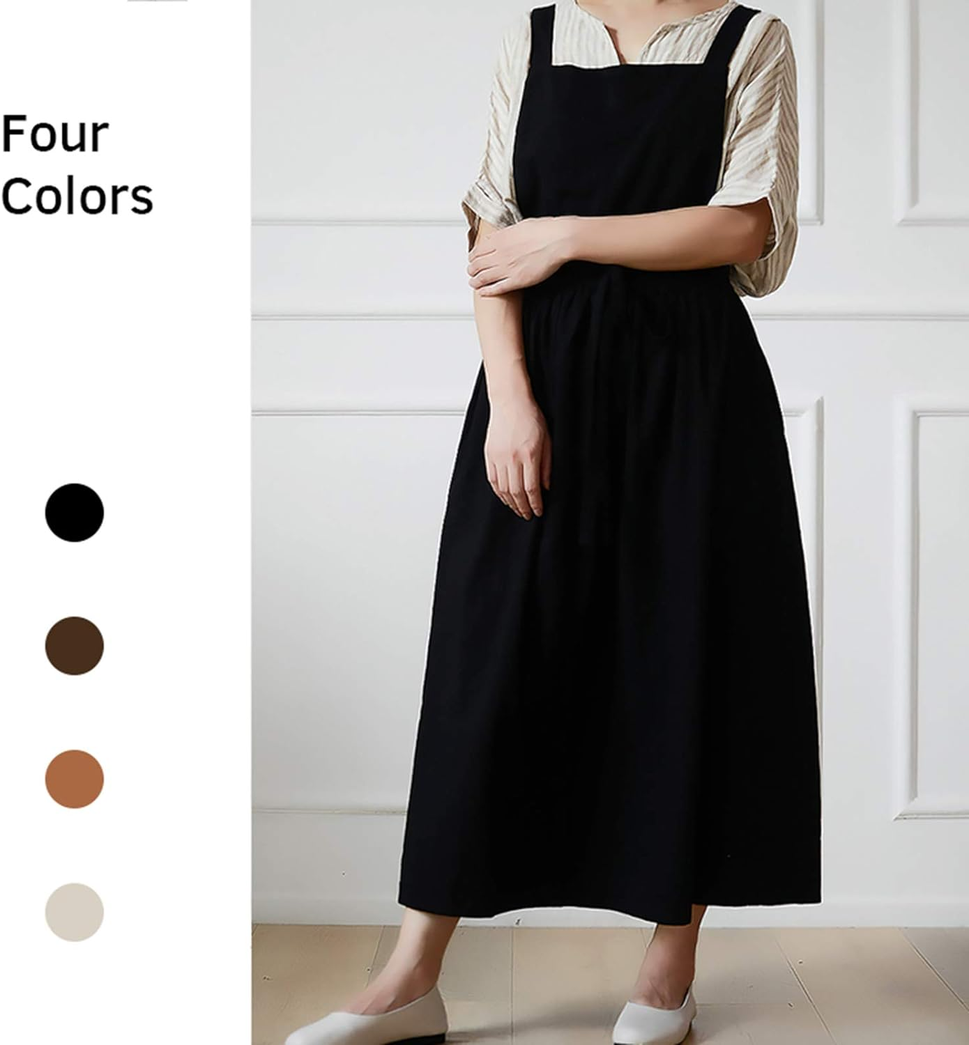 Pleated Cotton Long Apron X Back Kitchen Garden Florist Work Clothes Bib Dress image number 3