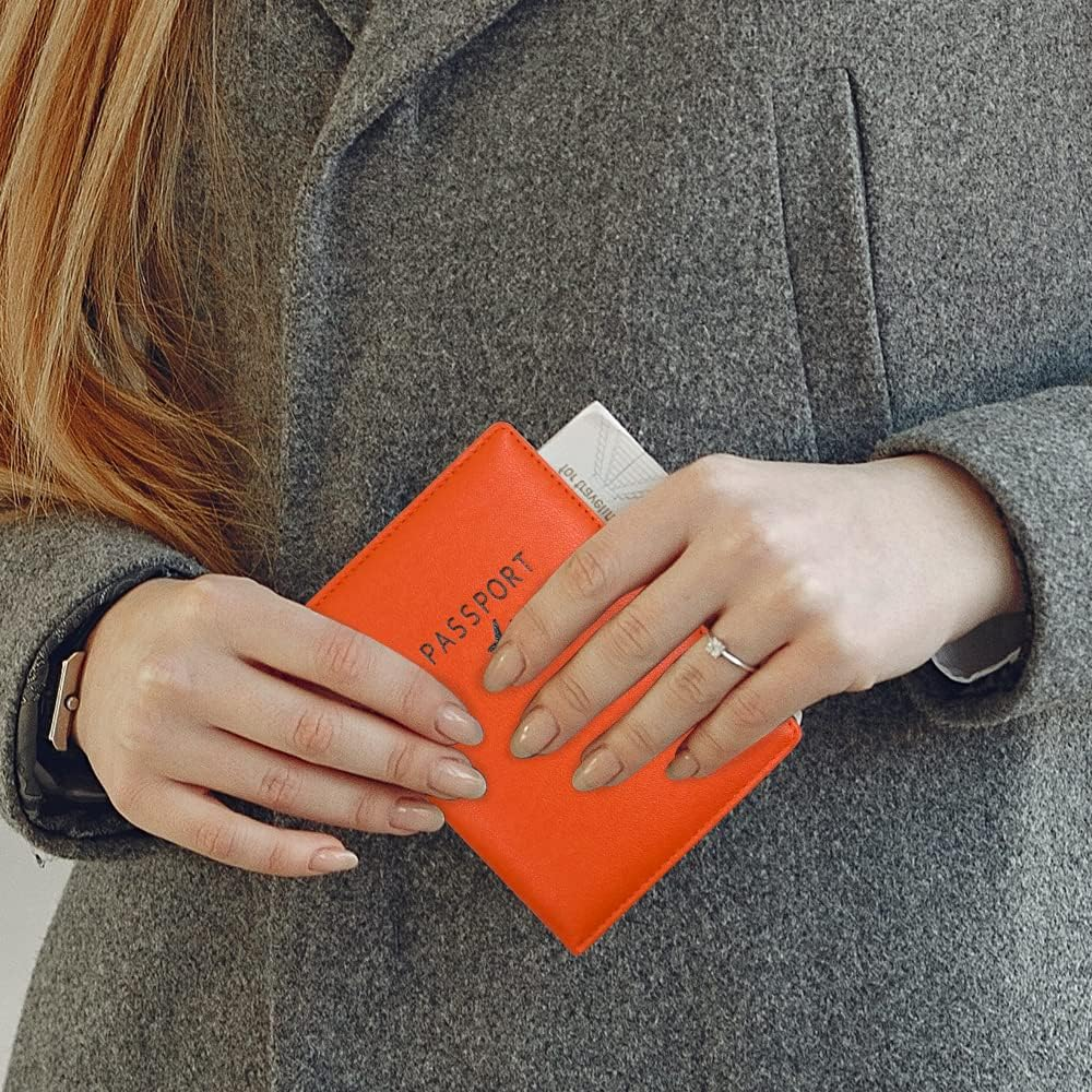 Passport Wallets and Vaccine Card Holder Combo, Leather Passport Holder Cover Case Travel Wallet, Ultra Slim Leather Passport Case for Men & Women (Orange) image number 2