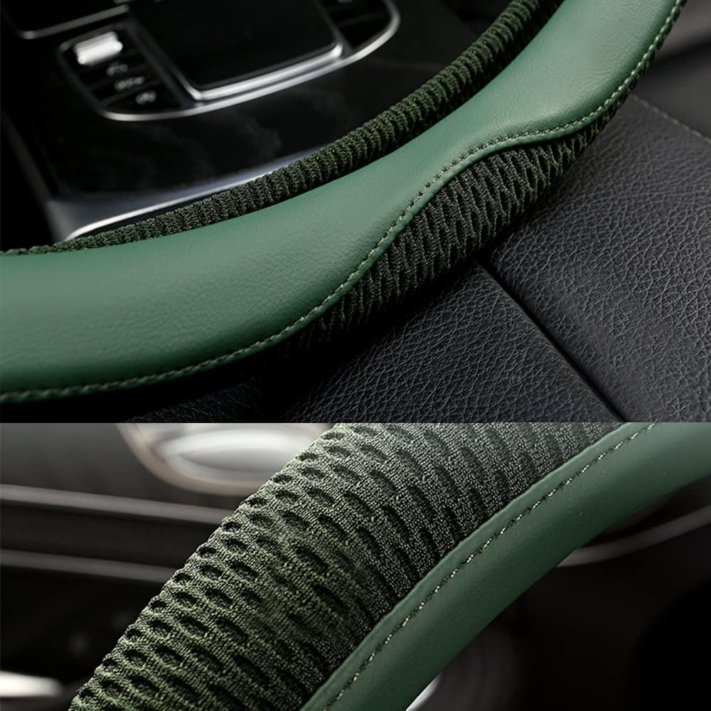 Steering Wheel Cover, Universal 15 Inch, the Latest Microfiber Leather Breathable Technology Fabric, Non-Slip, Comfortable, Warm in Winter and Cool in Summer, Green image number 2