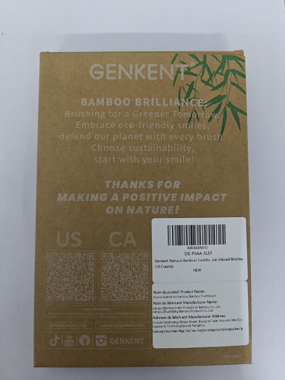 GENKENT Natural Bamboo Toothbrush Made with Rainbow Nylon Infused Bristles (10 Counts)