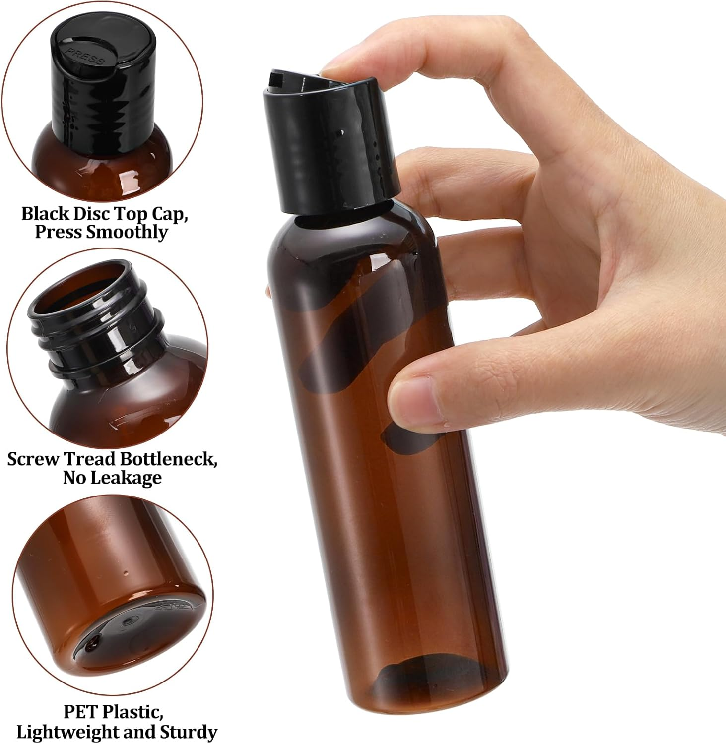 Bekith 30 Pack 4Oz Plastic Squeeze Bottles with Disc Top Flip Cap, Empty Amber Bpa-Free Refillable Containers for Shampoo, Lotions, Liquid Body Soap, Creams, Amber, 4Oz image number 1