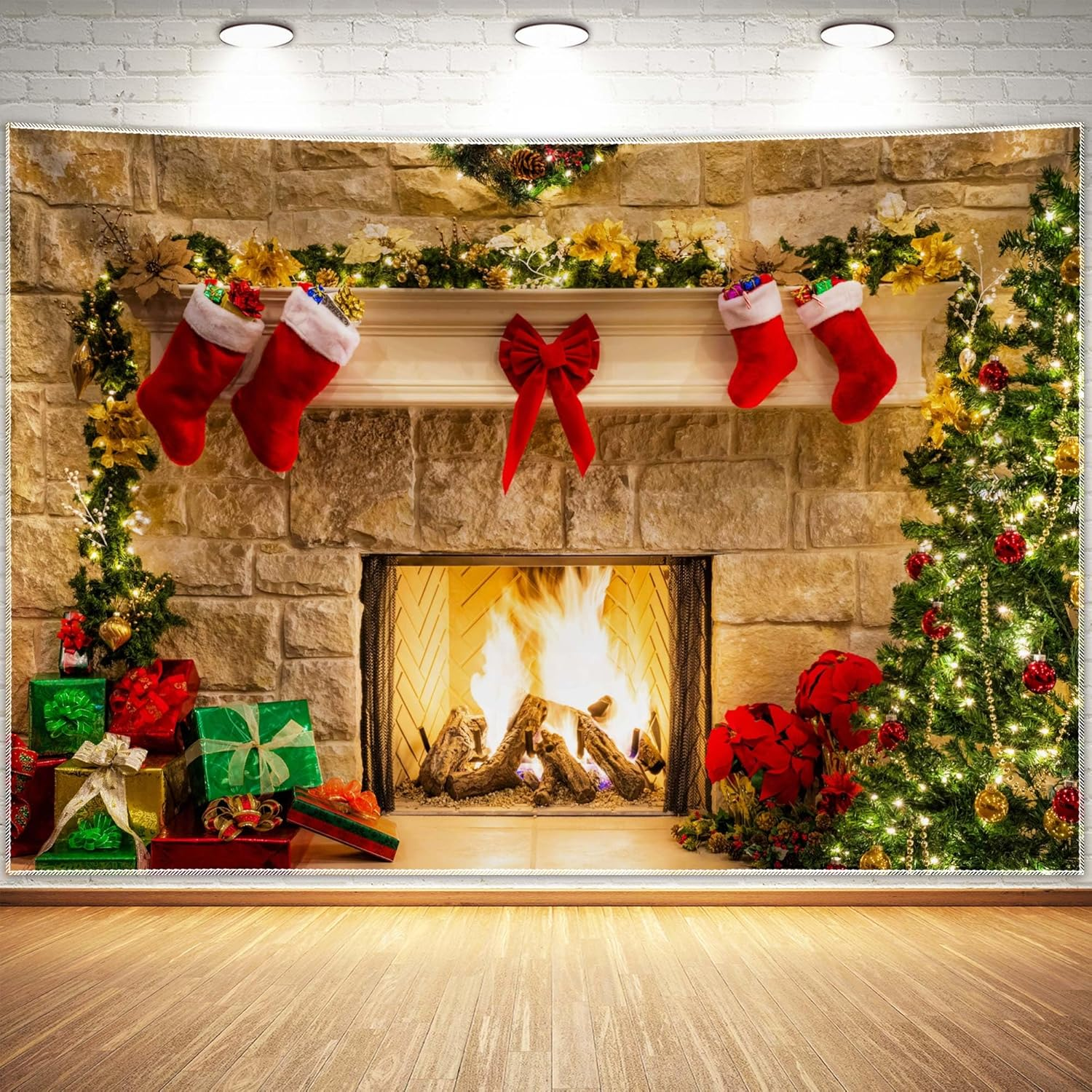 8X6Ft Soft Wrinkle Free Fabric Christmas Fireplace Theme Backdrop for Photography Tree Sock Gift Decorations for Xmas Party Supplies Photo Background Pictures Banner Studio Decor Booth Props