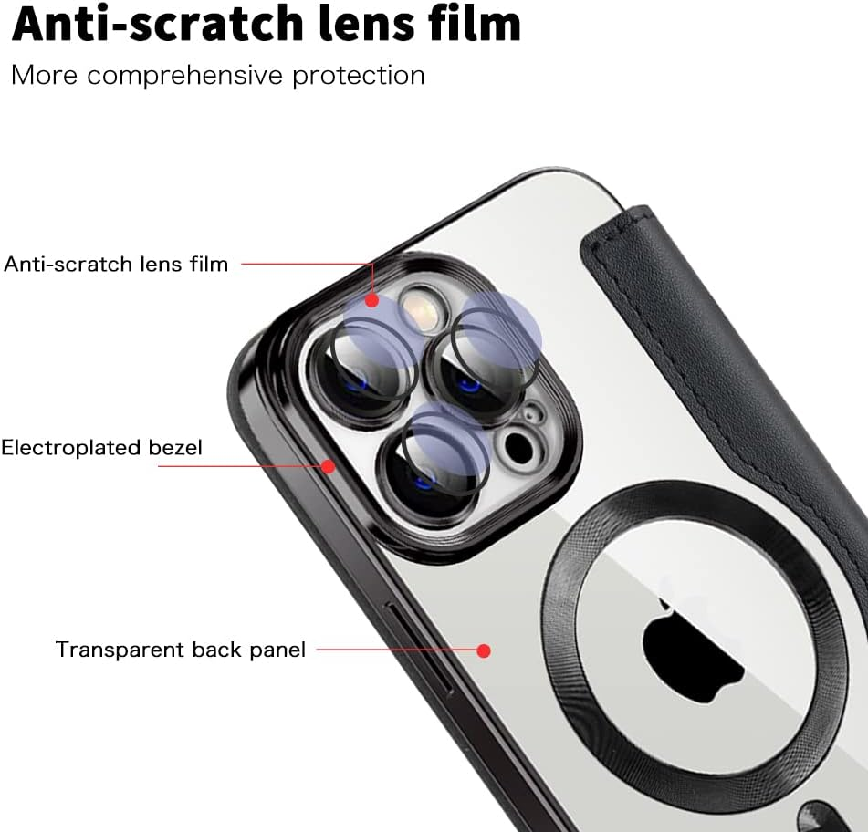 QIWEIQING Magnetic Case for Iphone 13 Pro Max, Compatible with Magsafe, PU Leather Flip Wallet with Card Slot, Transparent Back Mobile Phone Case for Iphone 13 Pro Max, Black JDC image number 2