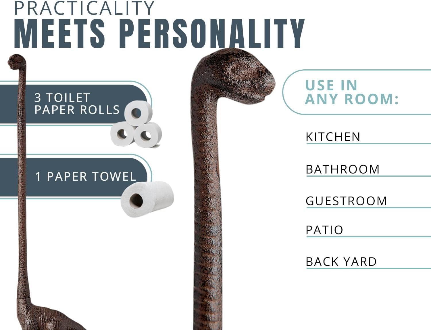 Comfify Paper Towel Holder or Free Standing Toilet Paper Holder- Cast Iron Dinosaur Paper Holder - Bathroom Toilet Paper Holder or Stand up Paper Towel Holder - Rustic Brown W/Vintage Finish By image number 1