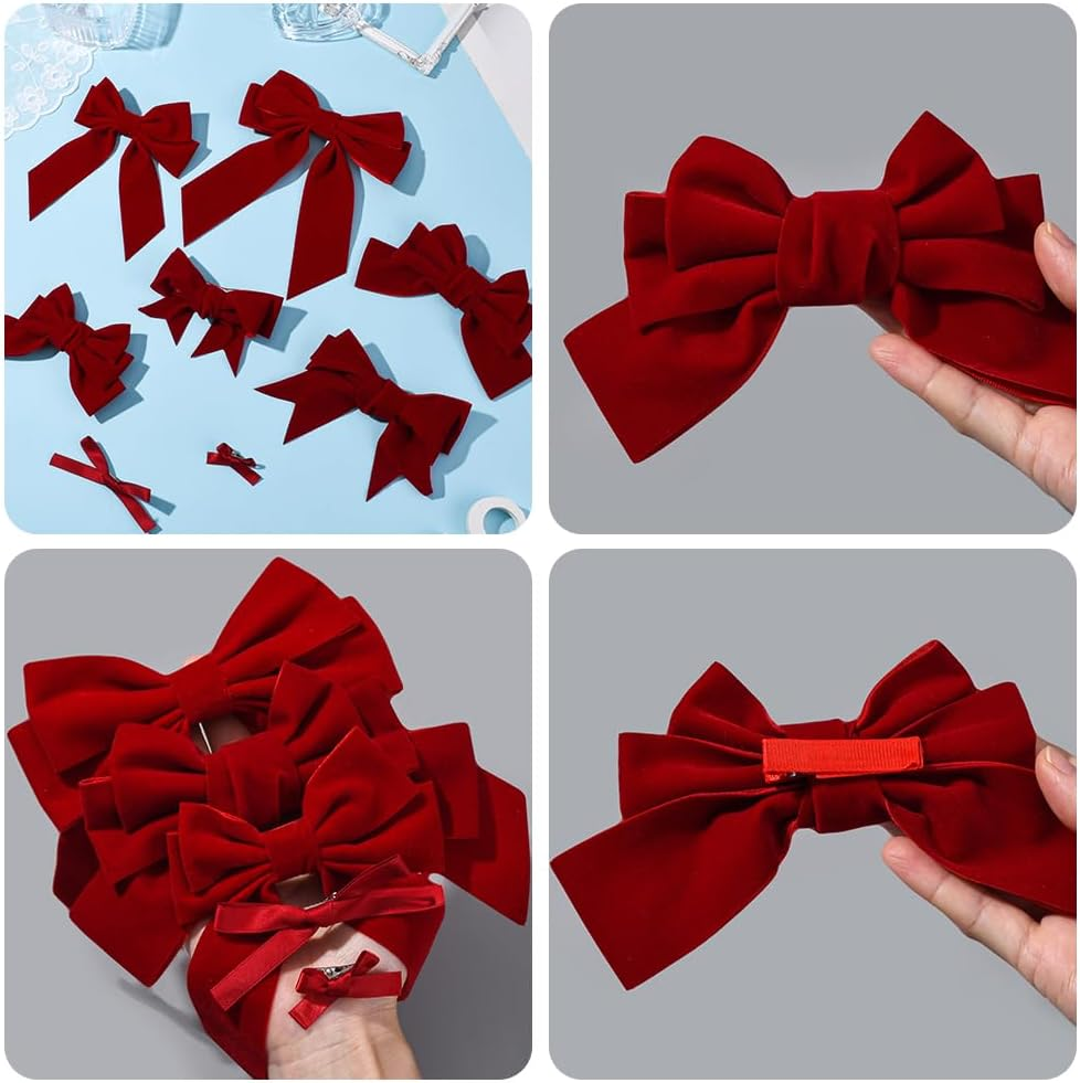 SOFPLATE 1 Box 8 Styles 26 Pieces Coquette Hair Clips with Bow Red Coquette Bows Soft Silky Ribbon Cute Aesthetic Bow Clips for Women Gifts Party Wedding Home Daily Hair image number 3