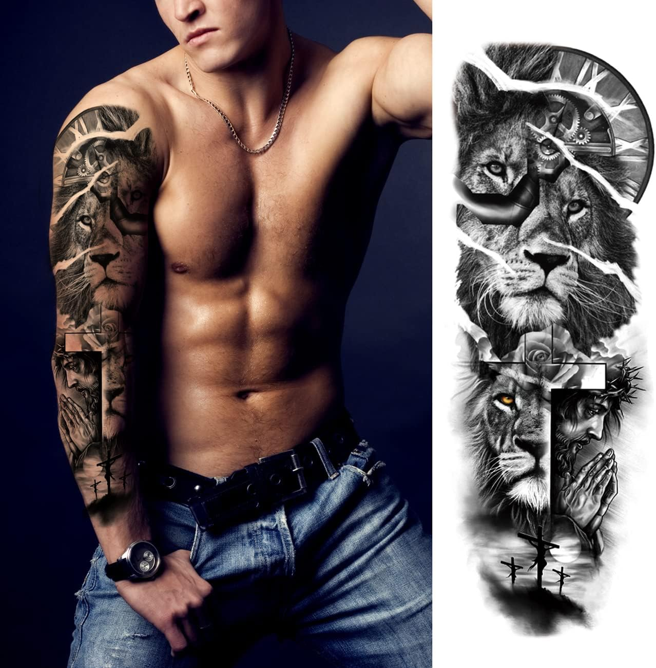 Kotbs Lion Tattoo Stickers, 4-Sheet Full Sleeve Tattoo Big Tattoos Temporary, 5-Sheet Half Full Arm Temporary Tattoo for Adult Kids Women Makeup image number 4