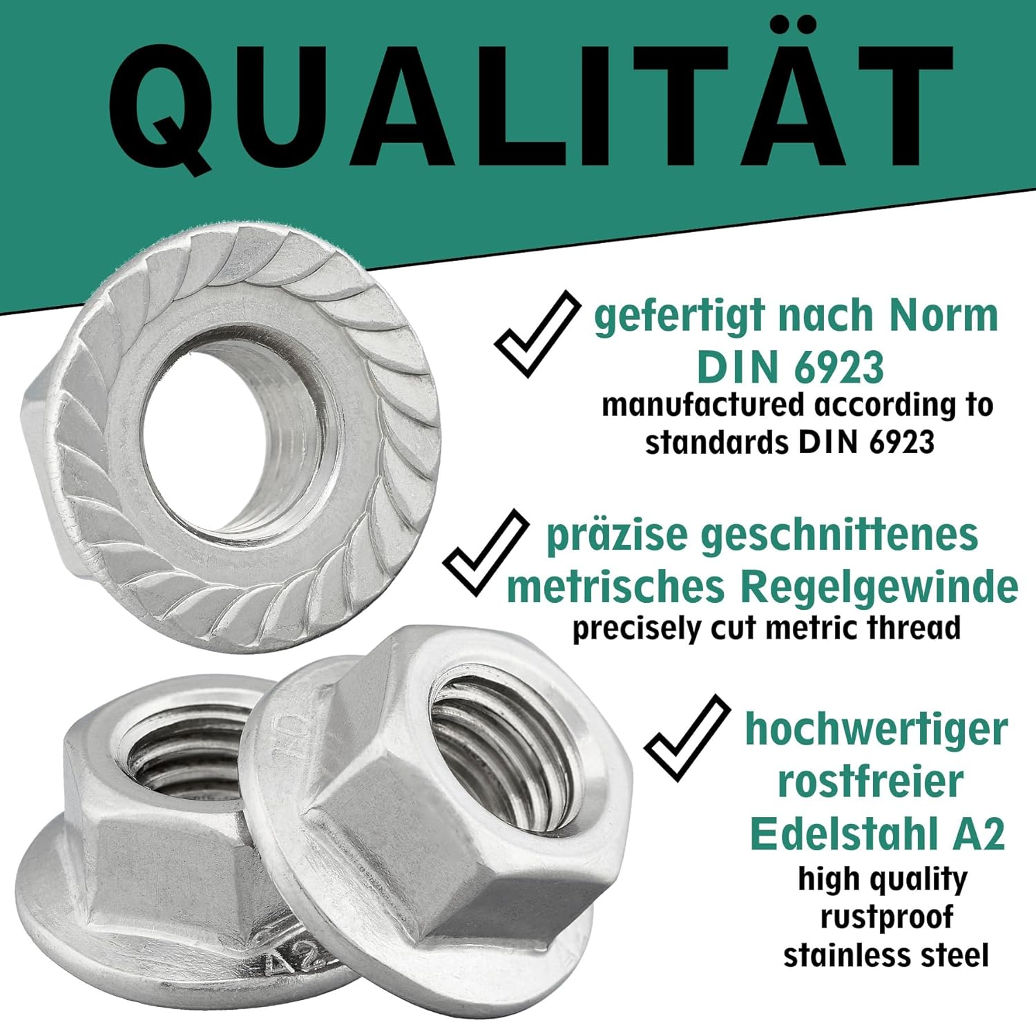 Flange Nut with Locking Toothing According to DIN 6923 / A2 Stainless Steel V2A / Hex Nut with Flange and Locking Toothing, Folding Nut (Pack of 10, M12) image number 3