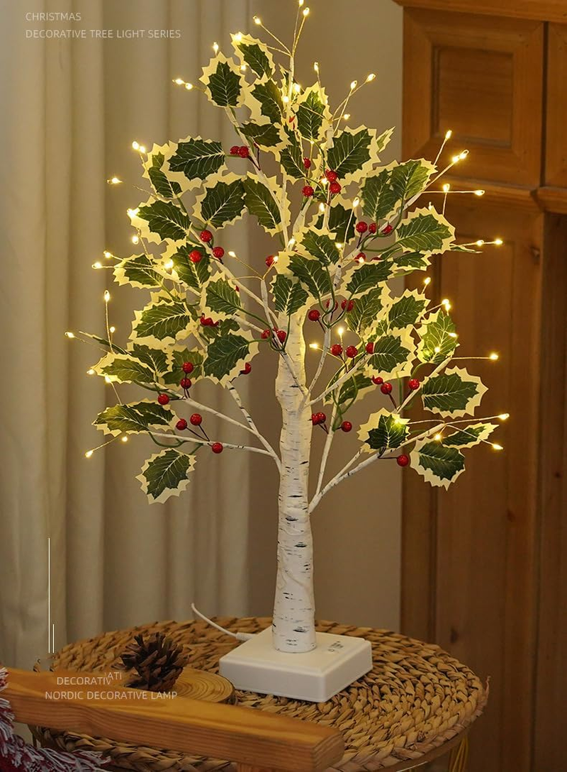 2FT Fairy Lights Birch Tree 72 LED Tree Lamp with Timer for Easter Christmas Decorations Light Spirit USB or Battery Powered Branch Lighted Trees Indoor Outdoor (72 LED, Green Tree with Berry Decor)