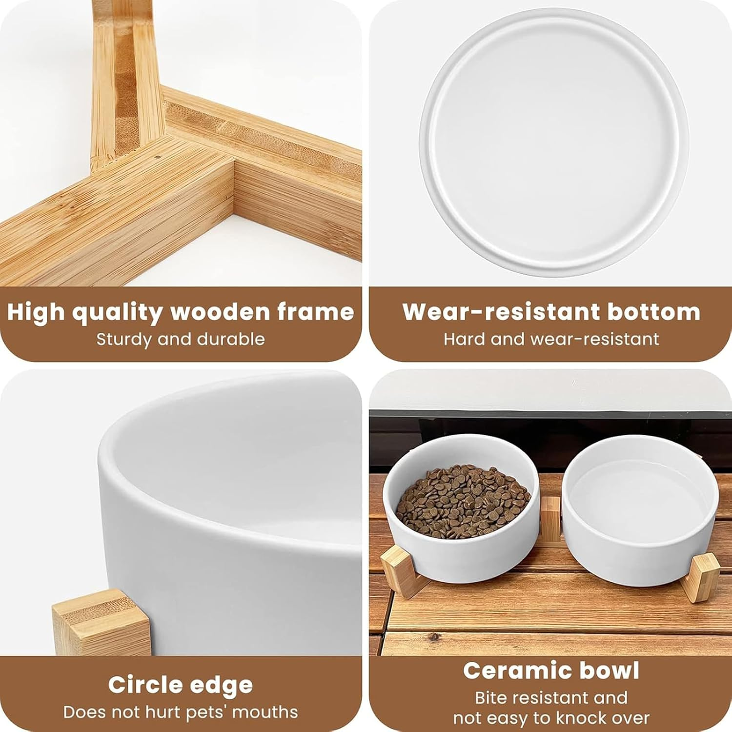 Ceramic Cat Bowl,Small Dog Food Bowl,With Wood Stand Non-Slip,Double White Bowls,Ceramic Bowl for Food and Water (800Ml/27Oz) image number 1